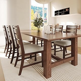 COLAMY SERA Solid Wood Dining Chair Set of 6 with Fabric Upholstered Cushion, Ladder Back Farmhouse Kitchen Chair, Modern Two-Tone Chair for Home and Restaurant, Brown