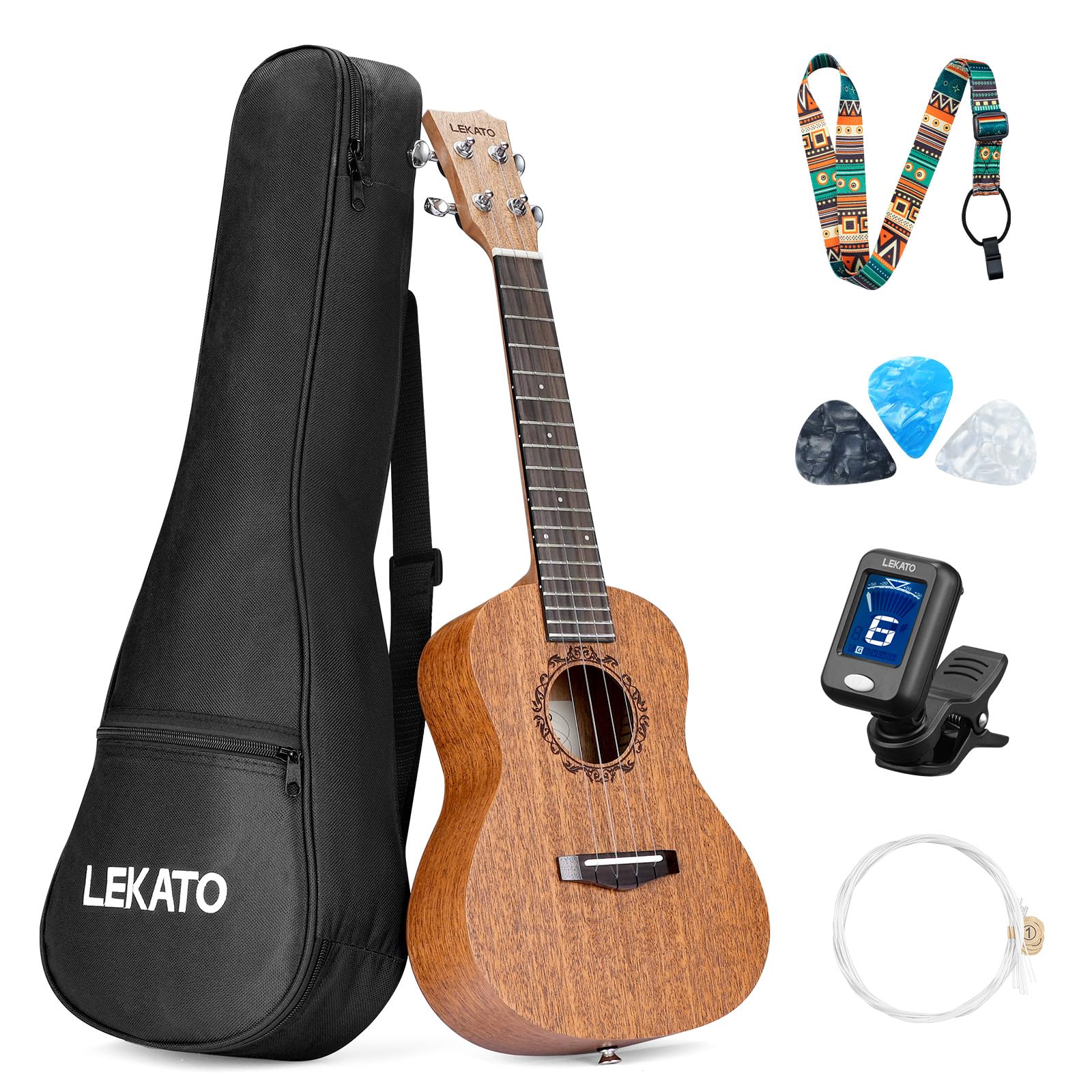 23 Inch Concert Ukulele Kit for Adults - Mahogany Hawaii Ukulele Set with Gig Bag/Tuner/Strap/Picks/Strings, Gift for Beginner
