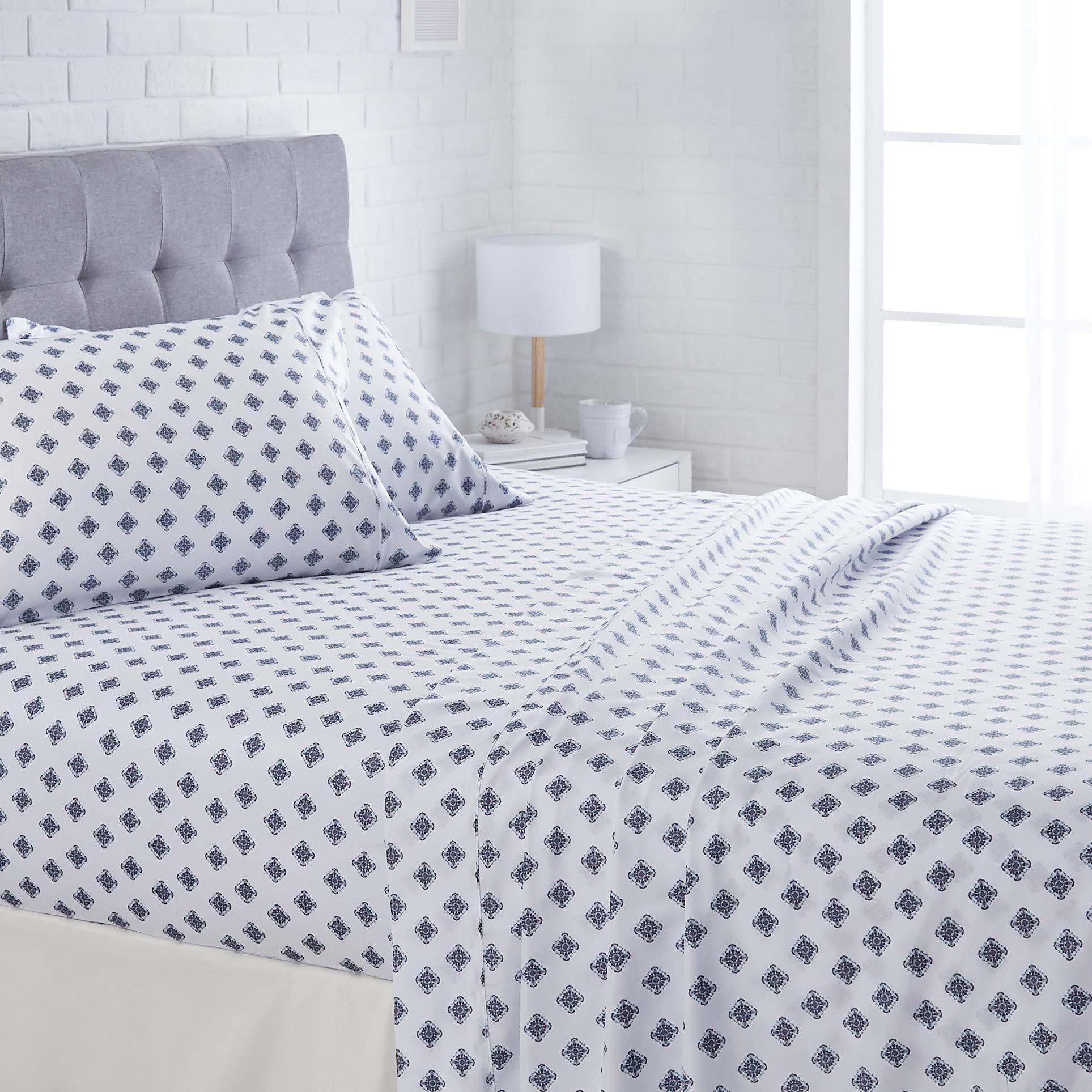 Amazon Basics Lightweight Super Soft Easy Care Microfiber Bed Sheet Set With 14” Deep Pockets - Queen, Blue Gray Medallion