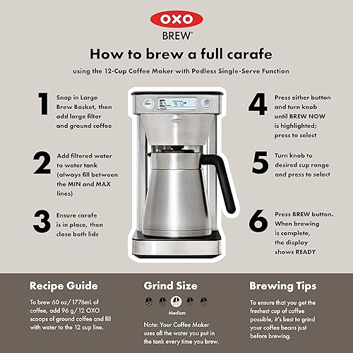 Miniatura 9 de OXO Cafetera Brew de 12 tazas con función de una sola porción sin vaina, color plateado