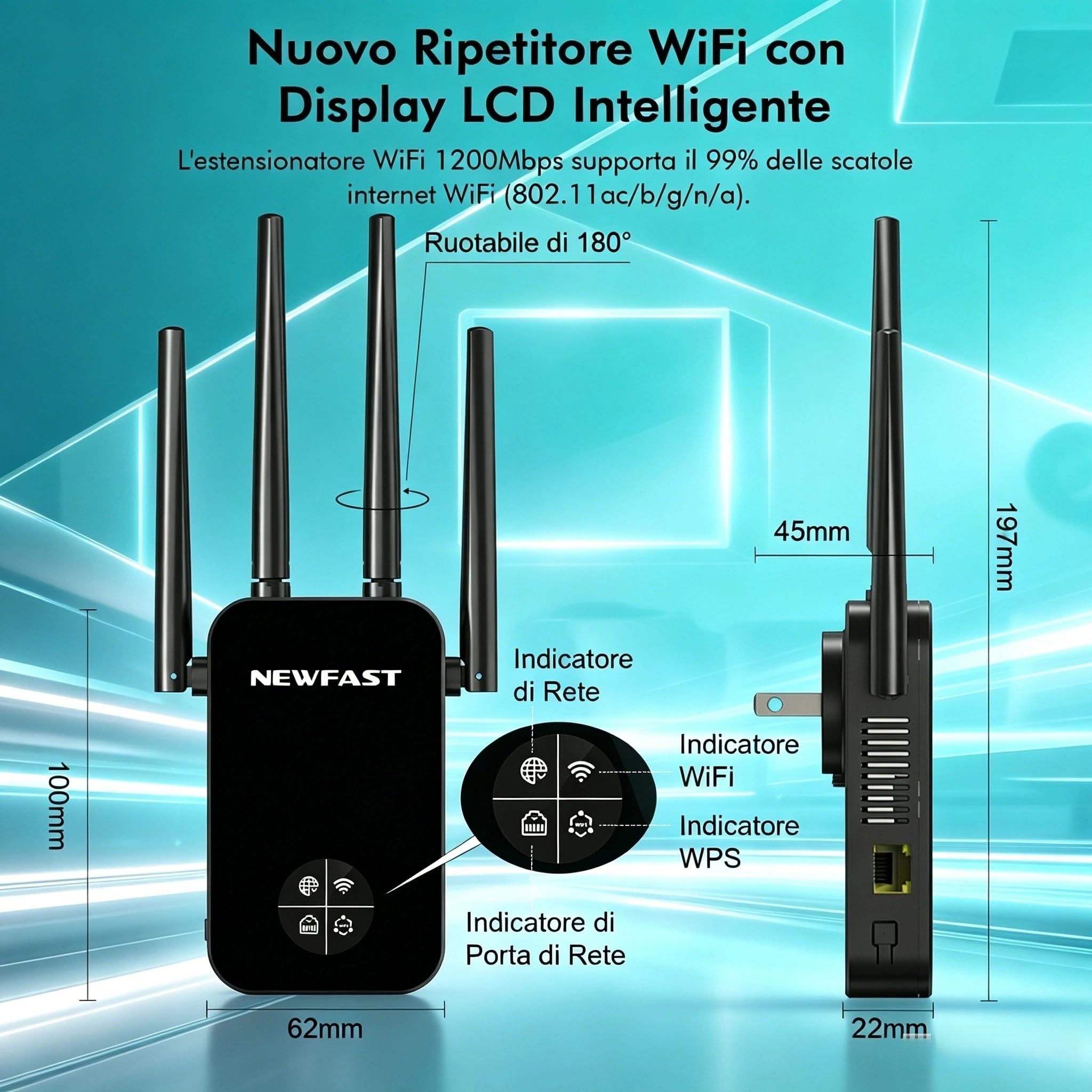 NEWFAST Ripetitore WiFi Potente per Casa, 1200Mbps WiFi Extender Dual Band | 2.4GHz/5GHz con 4 Antenne ad Alto Guadagno, Porta Ethernet, WPS, Display Intelligente, Supporta 3 Modalità(Nero)