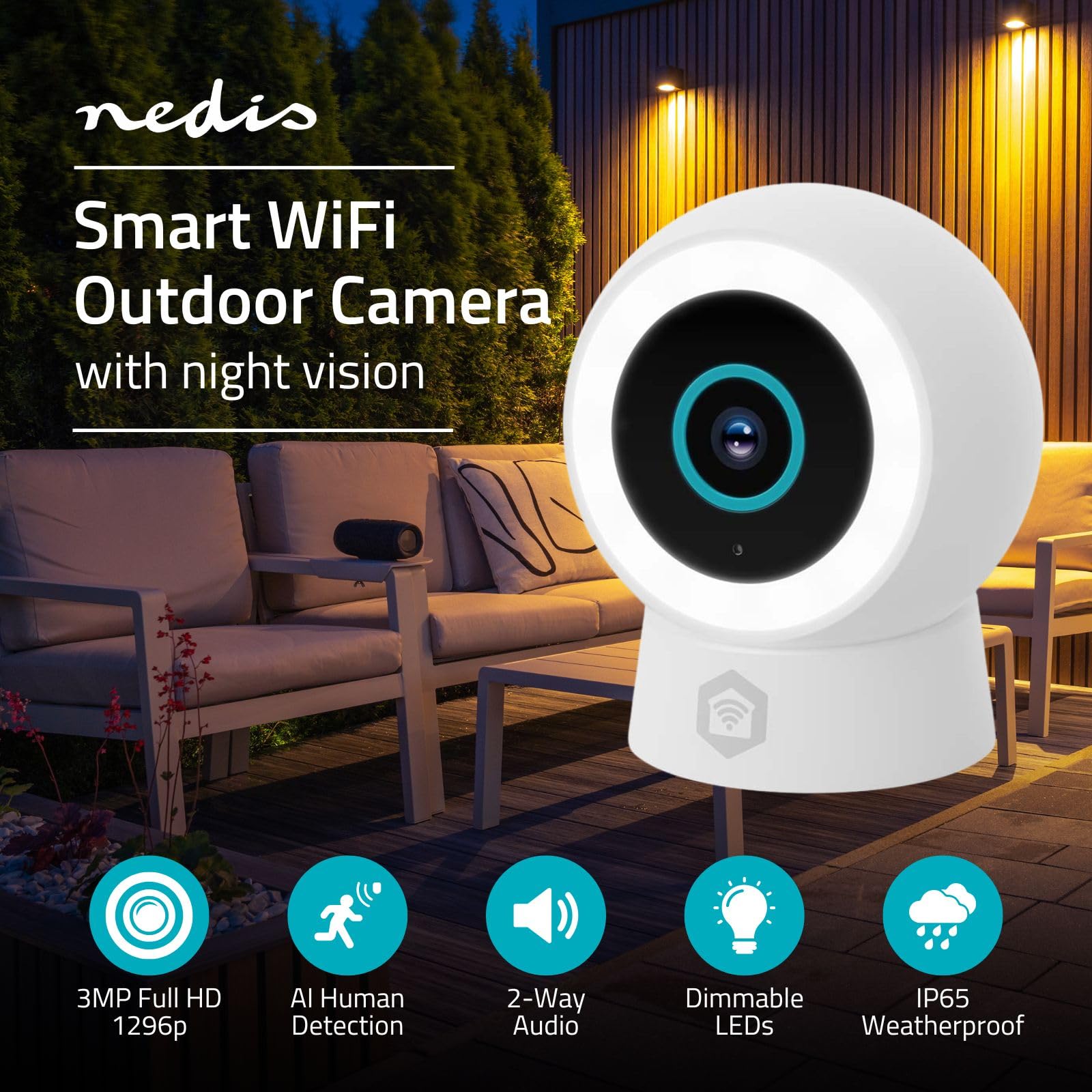 NEDIS Inteligentna kamera zewnętrzna Wi-Fi, 3 MP 1296p, czujnik ruchu, wykrywanie człowieka AI, ściemniany reflektor pełnokolorowy noktowizor, dwukierunkowy dźwięk, odporny na warunki atmosferyczne