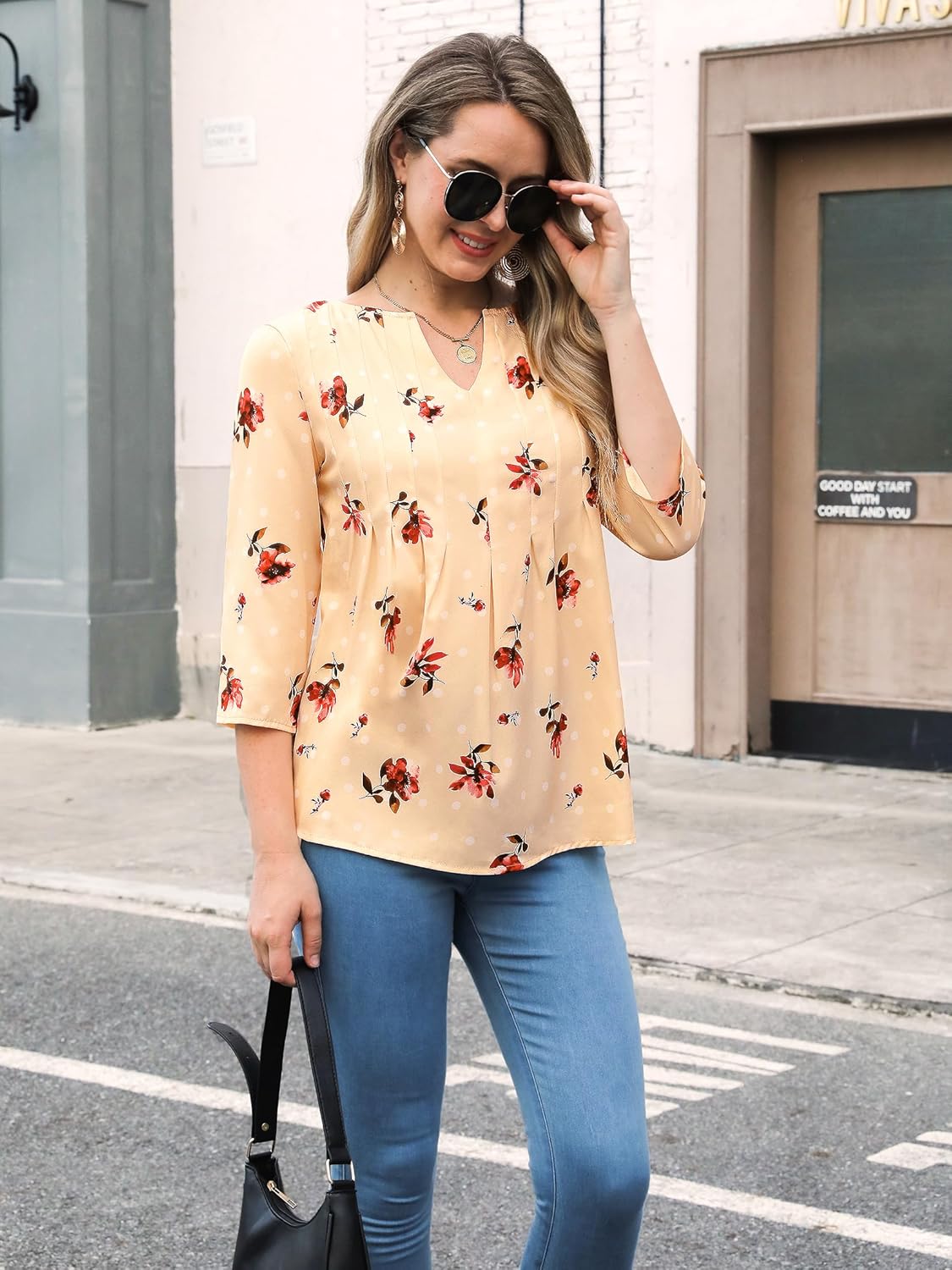 WLLW Womens Floral Printed 3/4 Sleeve Blouses Summer Pleated Front Tunic Tops V Neck Loose Fit Flowy Shirts - Image 6