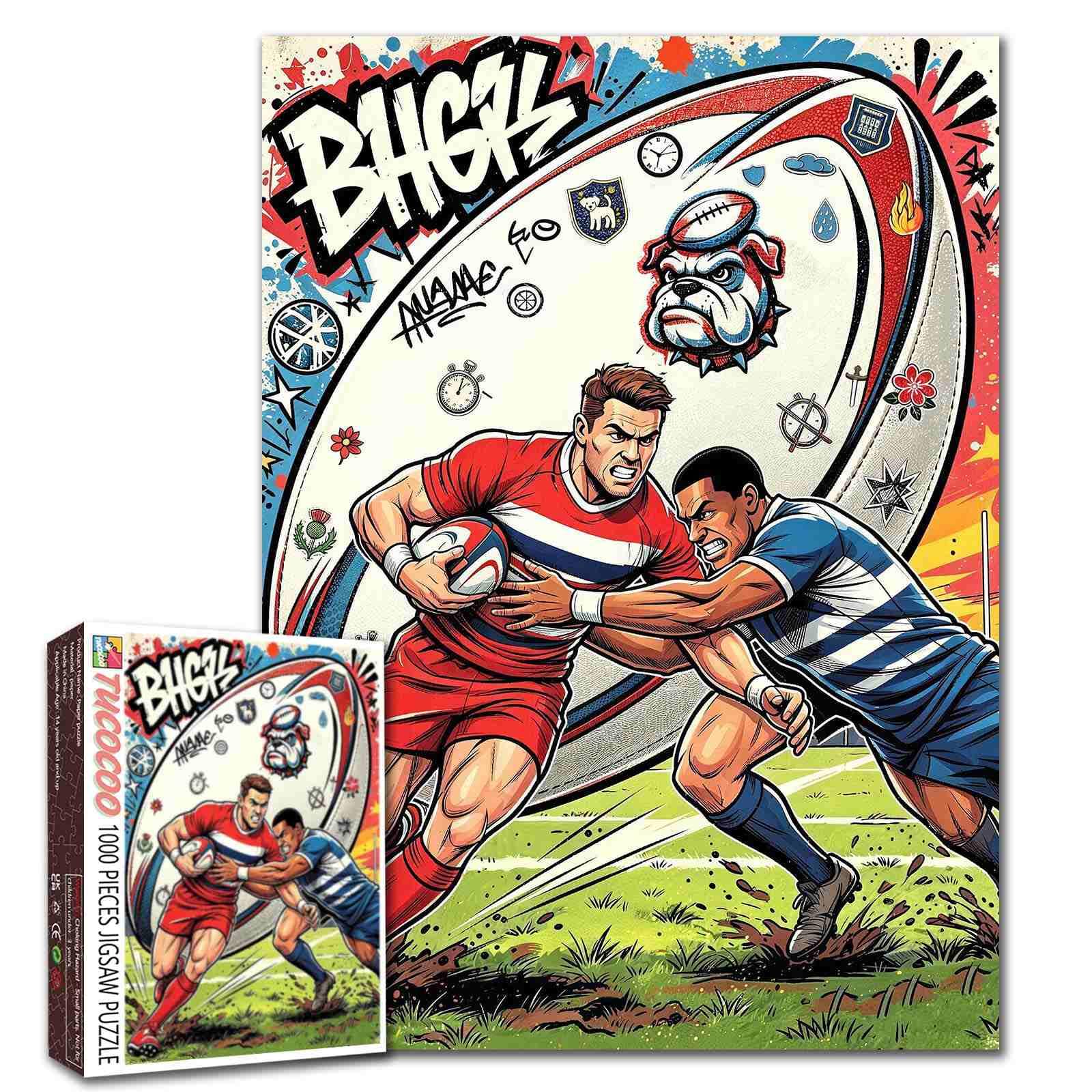 Rugby Game Day Jigsaw Puzzles for Adults 1000 Pieces Two Athletes Colliding for the Ball Sports Scene Family Activity Games Rugby Fan Wall Decor Craft Gifts 19.7 x 27.6 Inch