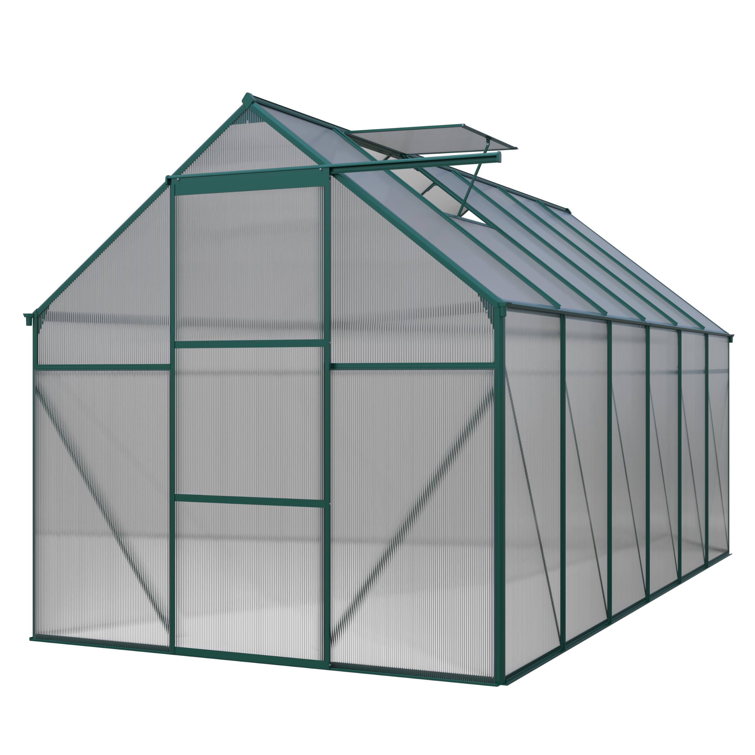 Gewächshaus aus Polycarbonat, 371 x 190 x 193 cm, grüne Aluminiumprofile und Schiebetür