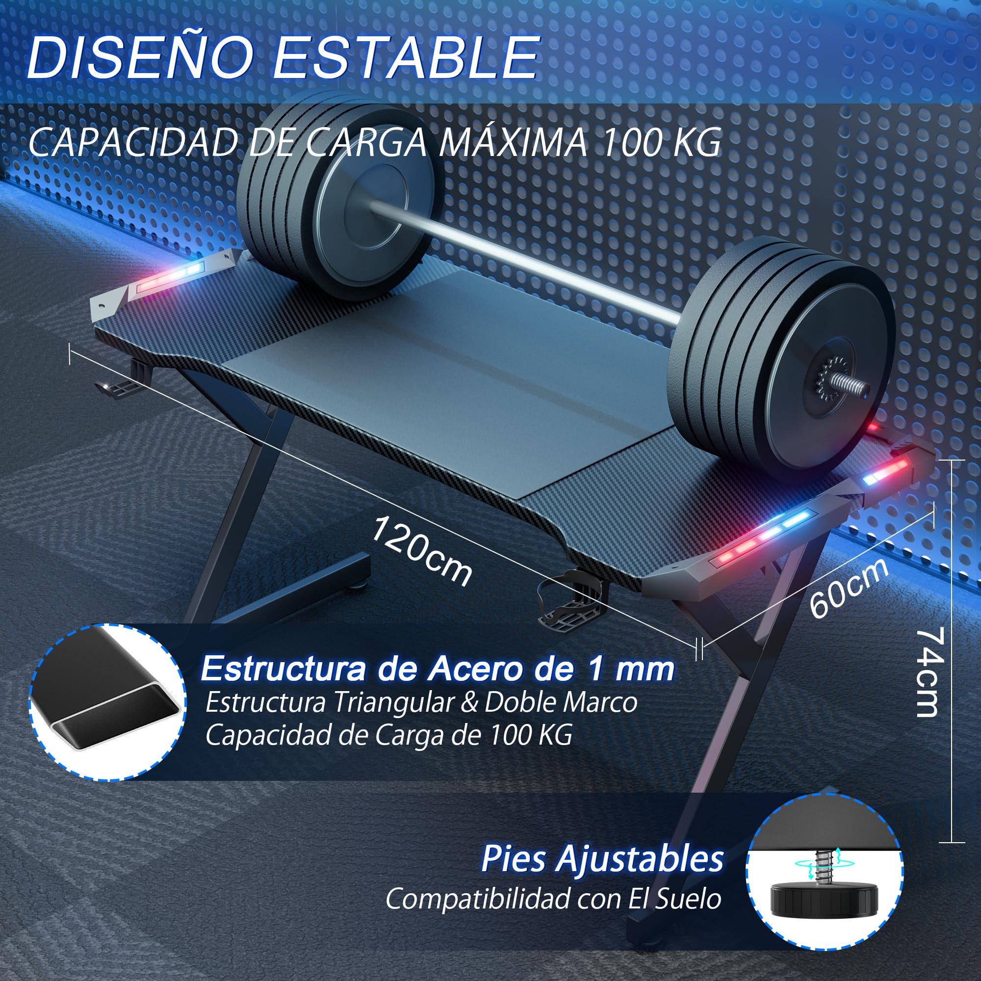 HLONONE Mesa Gaming LED 120 cm × 60 cm, Ergonómico Mesa Gamer con Tablero de Fibra de Carbono, Escritorio Gaming con Alfombrillas de ratón, Portavasos y Gancho para Auriculares, Negro