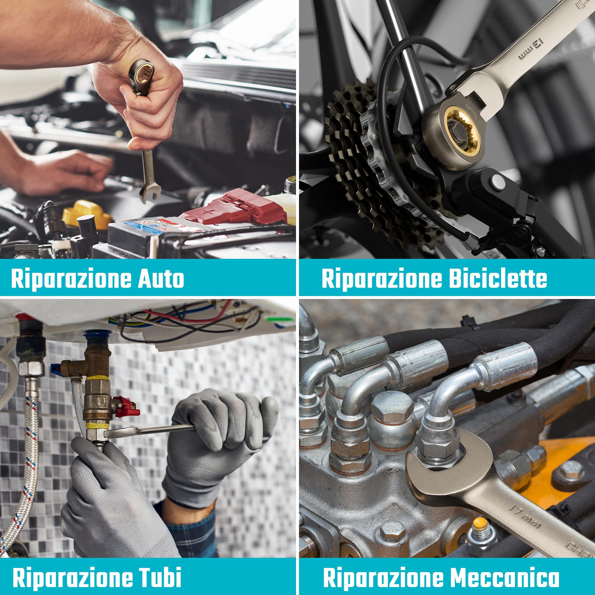 DURATECH Set di chiavi a cricchetto con testa flessibile antiscivolo, set di chiavi combinate, 12 pezzi, 72 denti, metrico, 8-19 mm, acciaio CR-V, organizzato in valigetta di stoccaggio
