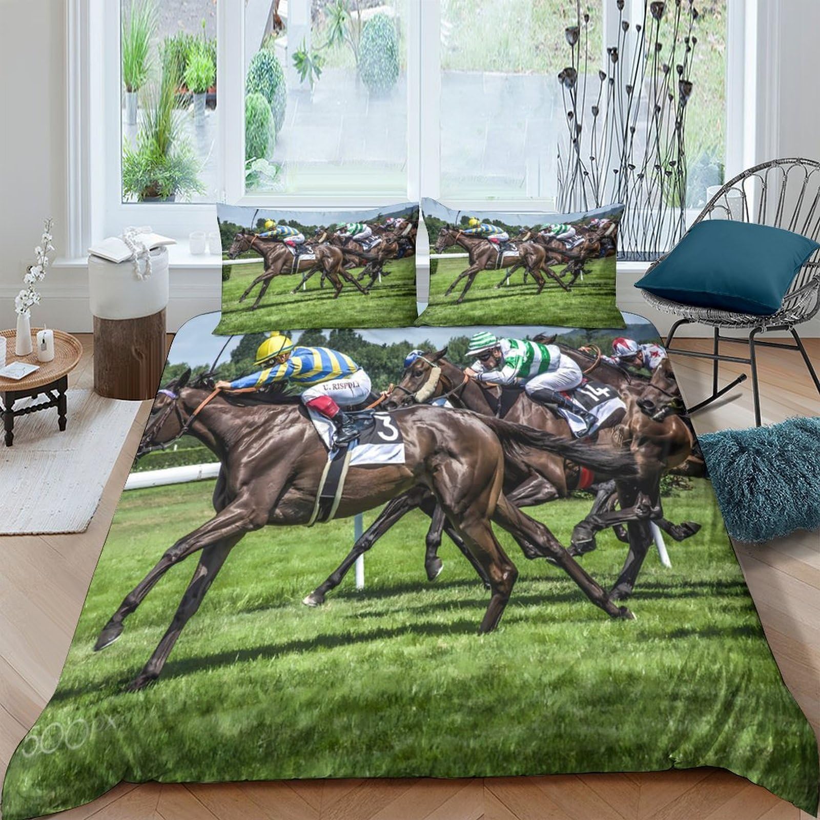 TUFRTGYHN 3D Printed Horse Racing Duvet Cover Microfiber Soft Breathable Galloping Horses Bedding Set with 2 Pillowcases for Bedroom Decor Single（135x200cm）