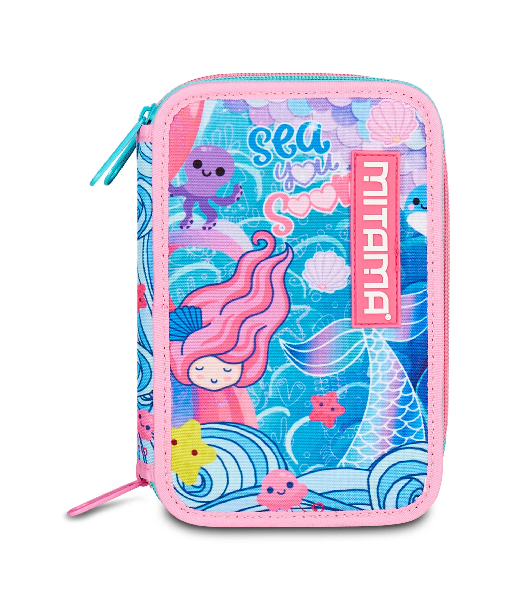 Mitama Astuccio Scuola 3 Scomparti, TRIPLO OCEANVIBES, Contenuto 47 pz, Completo di Matite, Pennarelli, Portapenne Scuola Elementare Bambina
