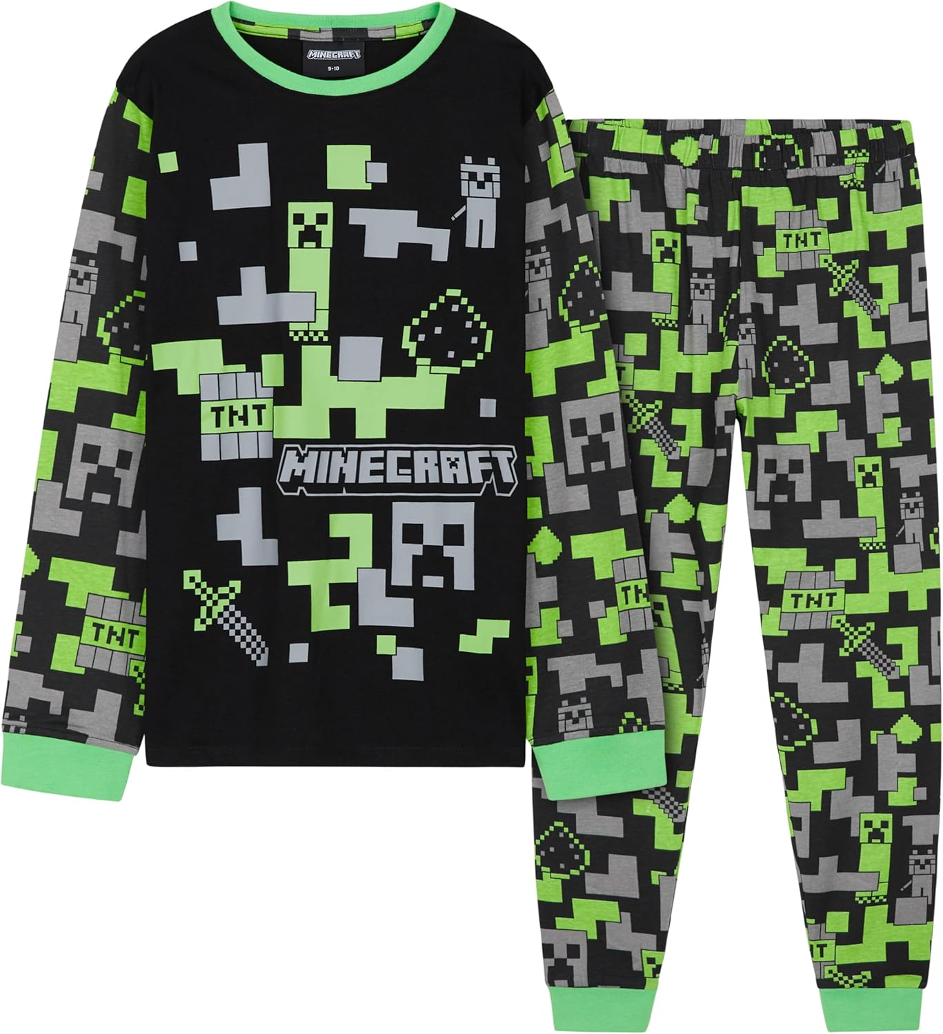 Minecraft 2-Pc Boys Pajama Set with Long Sleeve Cotton T Shirt & PJ Pants, Sleepwear Size 7-14, Creeper Gamer Gifts for Boys
