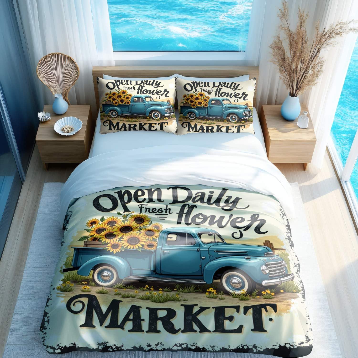 Housse de couette pick-up bleu déco campagne pour une chambre rustique et chaleureuse