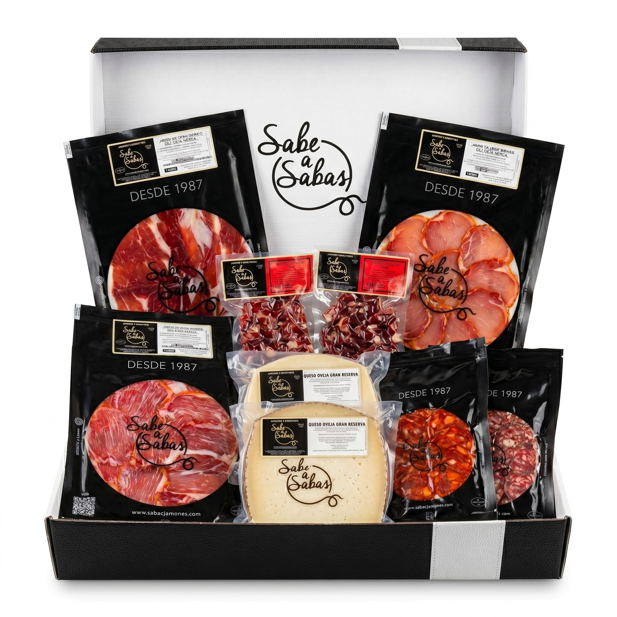SABE A SABAS Cesta de ibéricos 4 sobre de jamón ibérico 4 de salchichón 4 de chorizo 4 de lomo 2 sobre de taquito iberico 4 sobres cortados a tapitas queso Curado de Oveja todos de 100 gr
