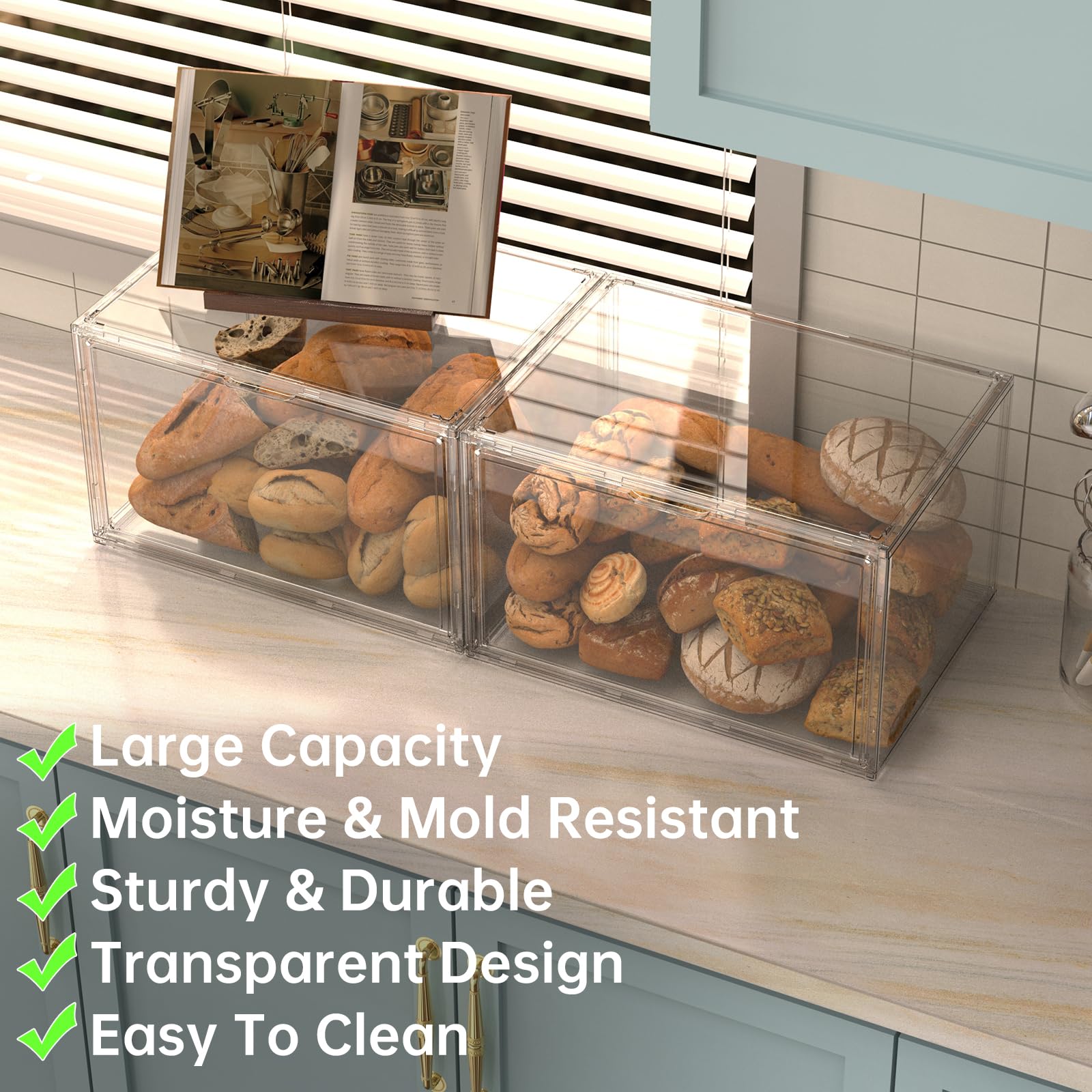 NiHome Stackable Clear Bread Storage Box 2-Pack, Balanced Humidity Control Large Capacity Bread Box, Eco-Friendly Storage Solution for Bread, Pastries and Snacks, Easy Assembly and Convenient Access