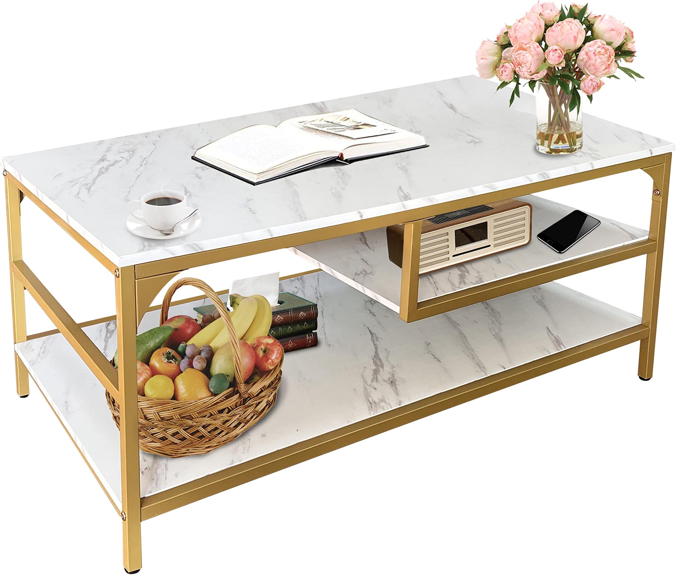 AT-VALY Industrial Rectangle Coffee Table 3-Tier Storage Shelf for Living Room Particle Board and Metal Frame 43.3 inch (Gold&White)