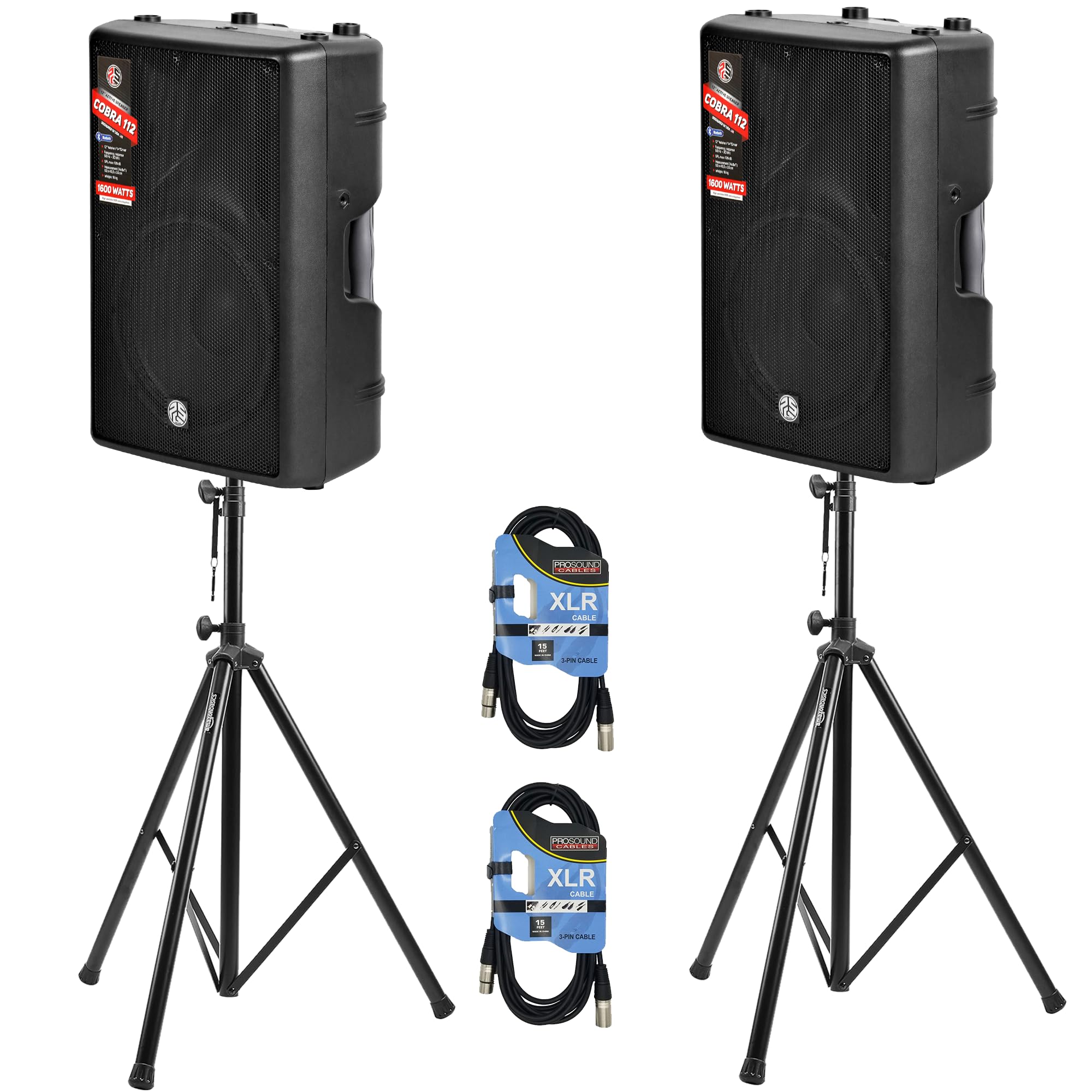 (Pair) Cobra 112 Professional Active Speaker 1600 Watts with Bluetooth PA Speaker, (2) Speaker Stands and (2) XLR Cables, Ideal for Musicians, Churches, DJs. (Cobra 112A (Pair with Stands and Cables)