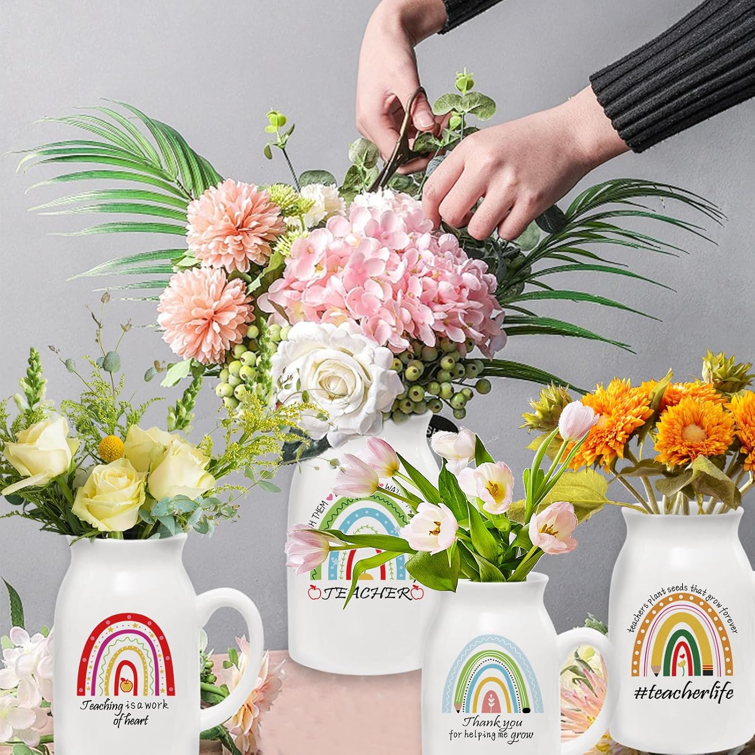 4 Pcs Teacher Appreciation Gift Funny Ceramic Vase with Small Handle Mini Rainbow Flower Vases Thank You Gifts for Employee Teacher Plant Pot, Plants Not Included