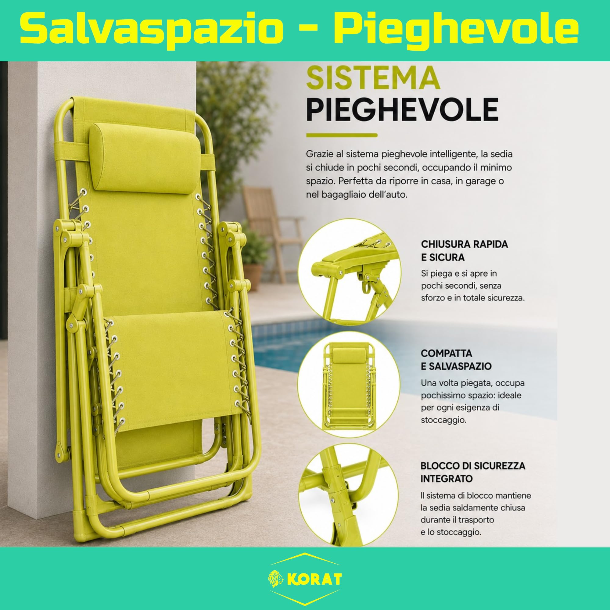 KORAT - Set 4 Sedie Sdraio Pieghevole Reclinabile Zero Gravity da Giardino e Spiaggia, con Poggiatesta e Braccioli, Struttura in Acciaio, Tessuto Oxford Impermeabile, 110x65x90 cm - Giallo Lime