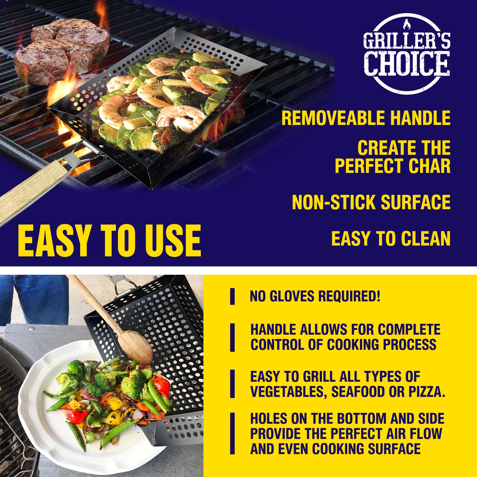 Griller's Choice - Cestino rettangolare con manico rimovibile, grande cestino commerciale antiaderente con manico per grigliare all'aperto. Progettato da Chef, BBQ Judge. Accessorio per barbecue