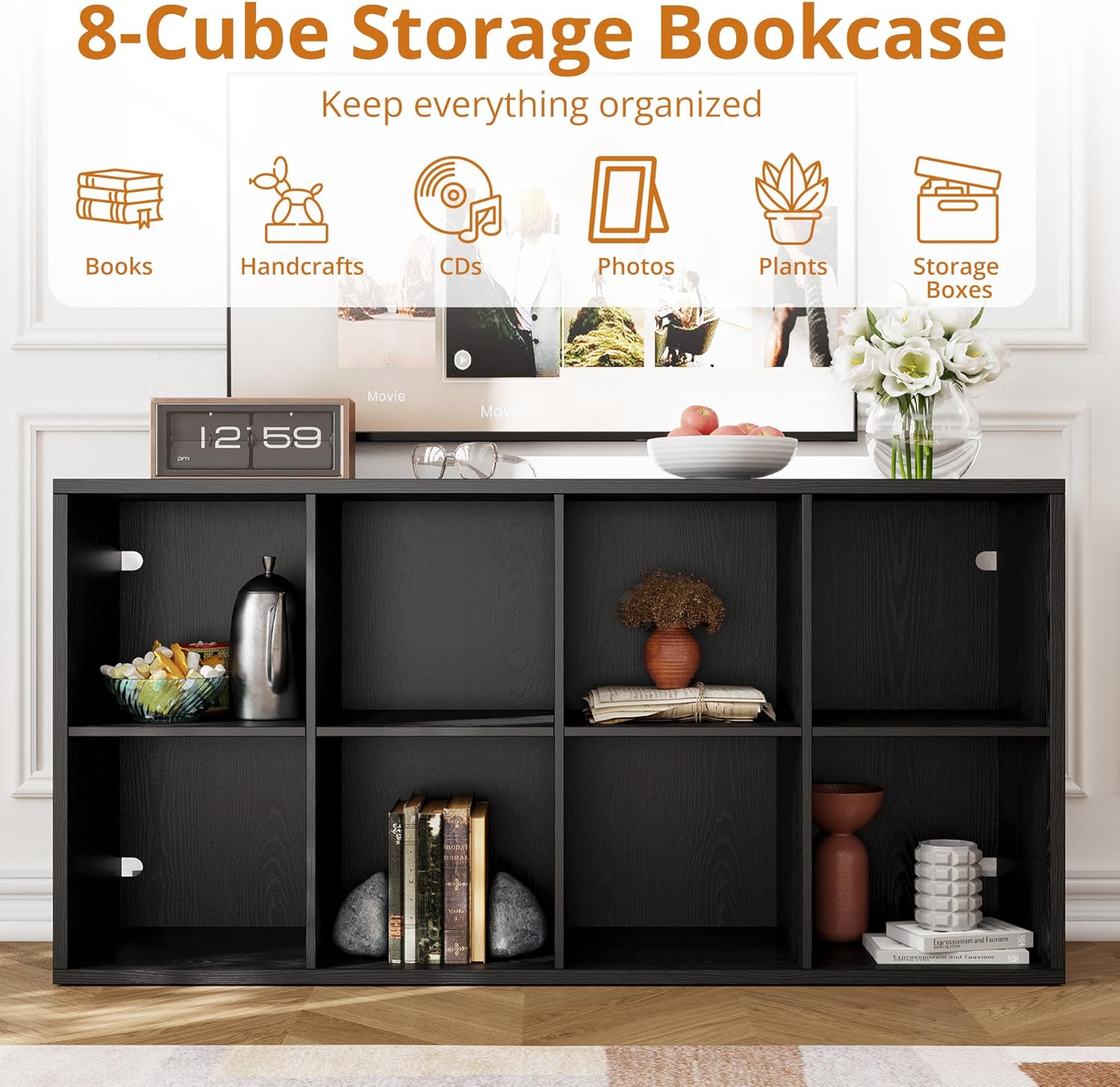 IROCNK Bookshelf, 8-Cube Storage Cube Shelf Organizer, Extra Thick Frame Horizontally & Vertically Reversible Bookcase with Open for Living Room, Bedroom, Home Office, Black