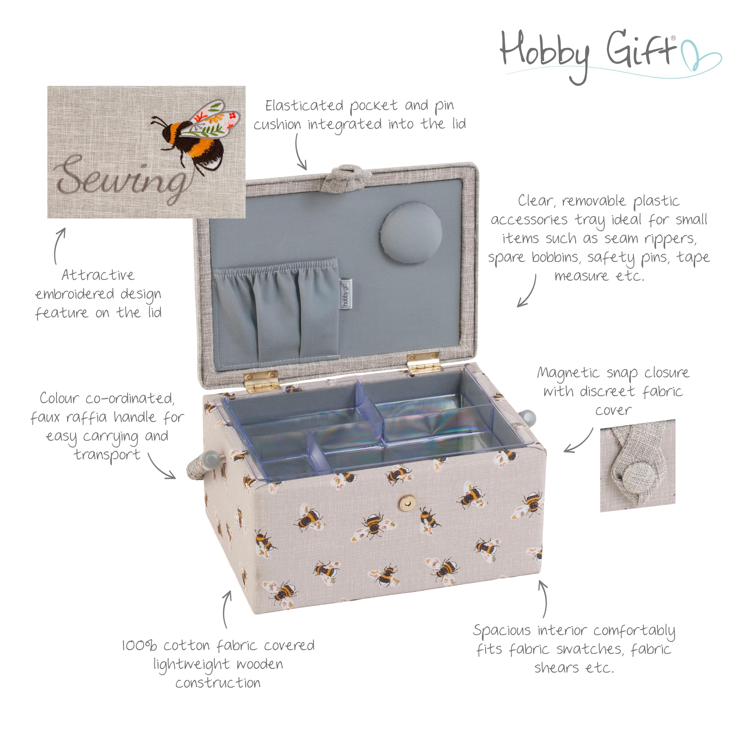 Hobby Gift Boîte de rangement de couture moyenne en bois/tissu, Brodé, Abeilles à coudre