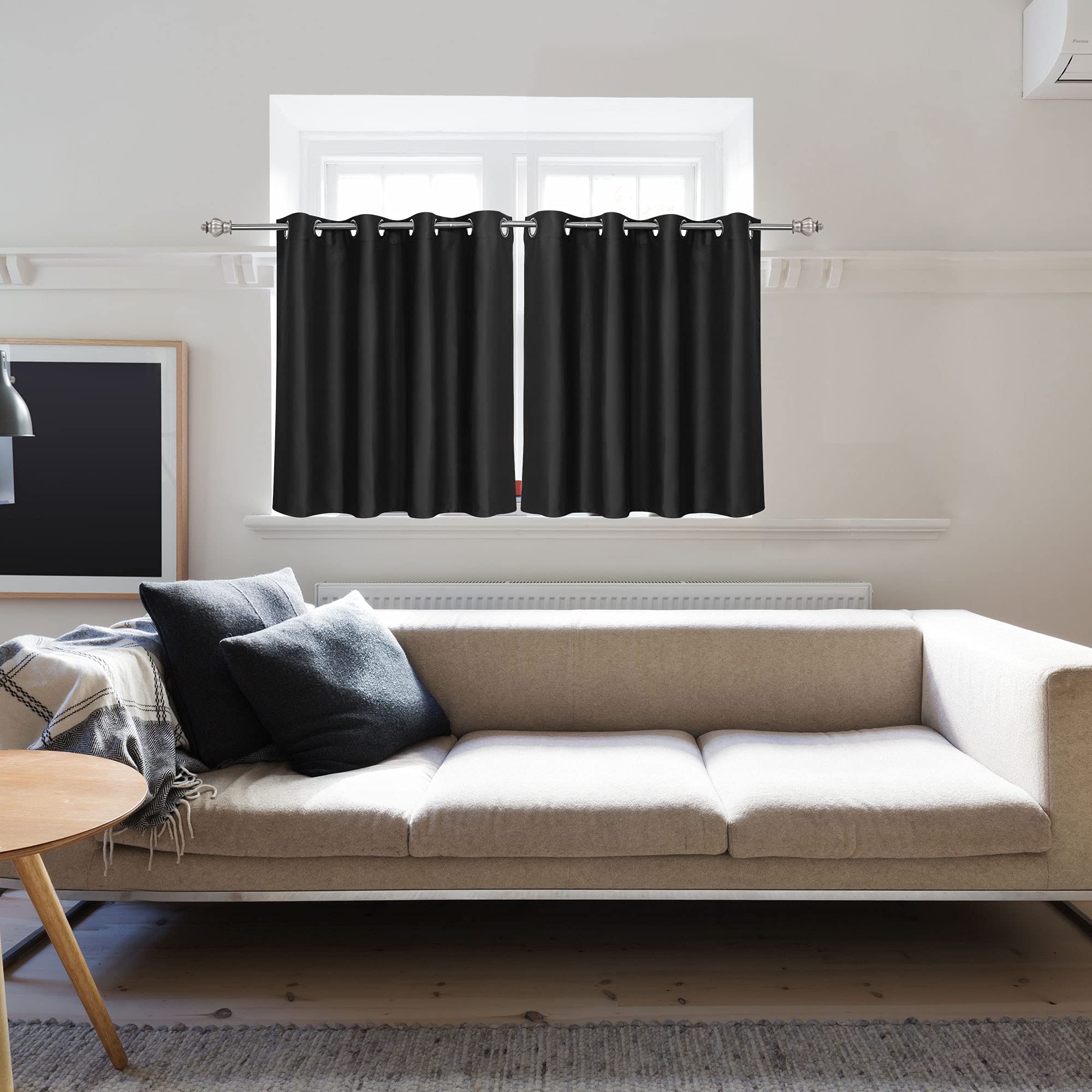 PiccoCasa 2er Set Gardine für Küche Polyester Scheibengardine Kurzgardine Blickdicht Kleine Gardine Schwarz 90H x 132B cm