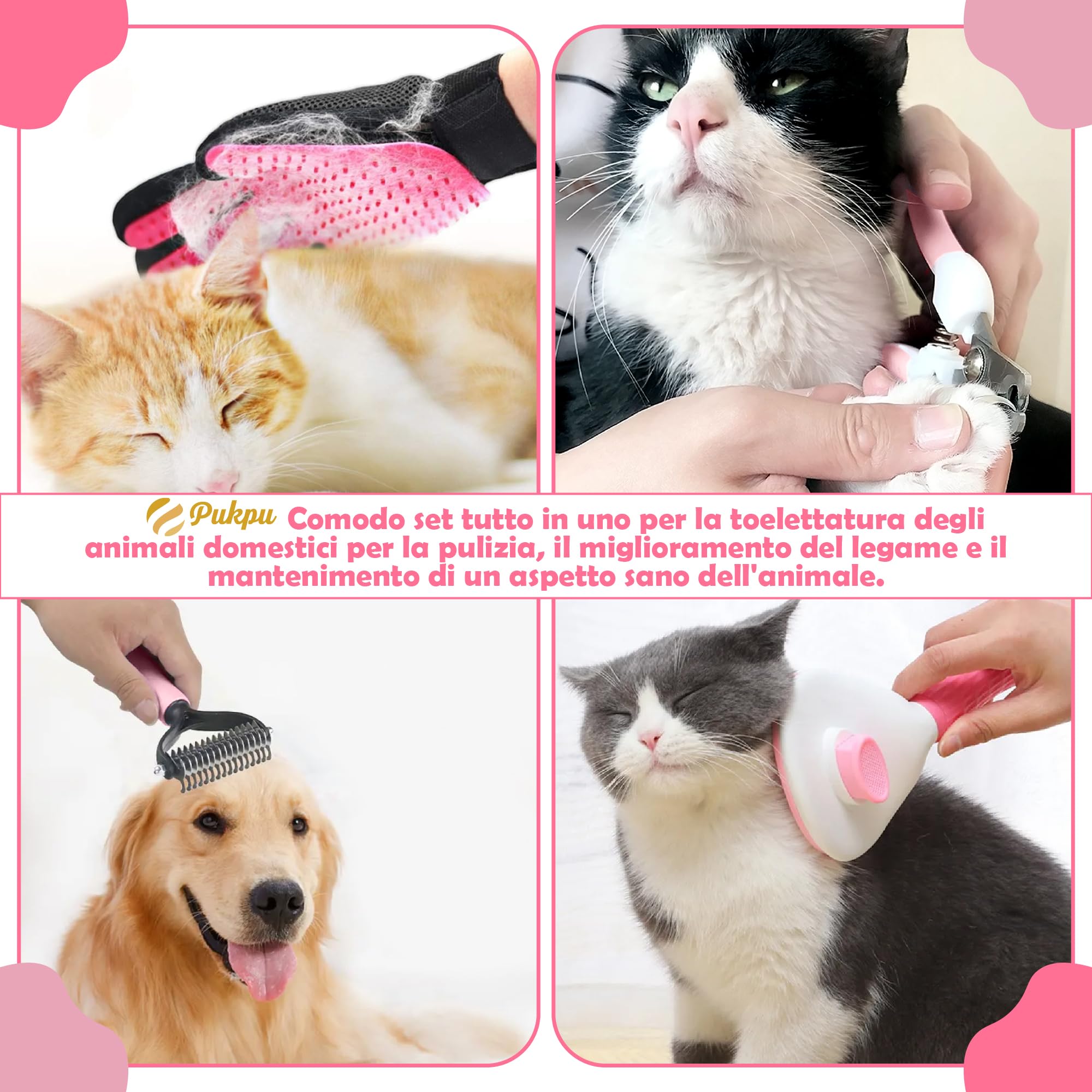 Kit Toelettatura Cani e Gatti 9 Pezzi, Rosa – Spazzola Autopulente, Taglia Unghie Cane e Gatto Adulto, Lava Zampe, Spazzola Lavaggio con Sapone, Guanto, Pettine e Lima