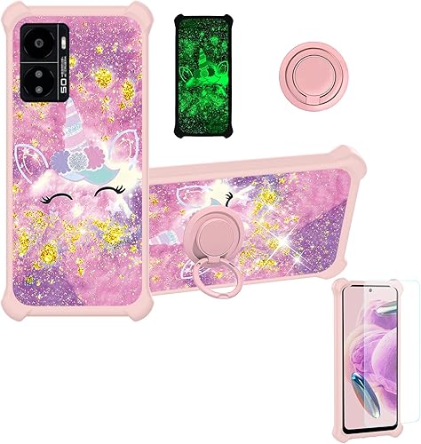 Kalley - Funda compatible con Kalley Black 3 con protector de pantalla de vidrio templado, soporte de anillo, purpurina dorada y luminosa