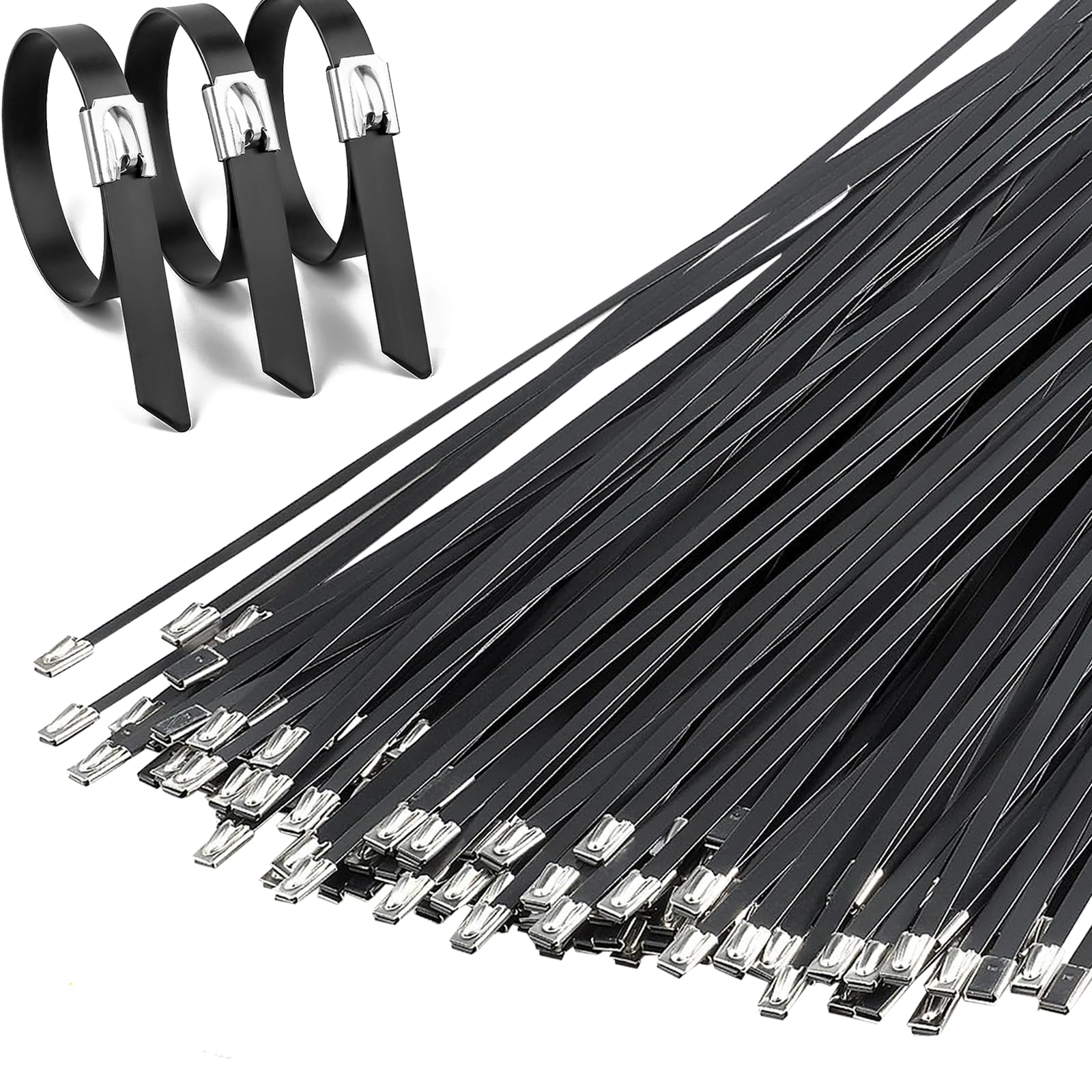 XHMAXE Heavy Duty Stainless Steel Cable Ties, Metal Zip Ties Outdoor & Industrial Use, Black Wire Ties, Secure Bonding for Fence, Pipe, Farm, Electrical, Cables, (100-Pack 4.6X300MM)