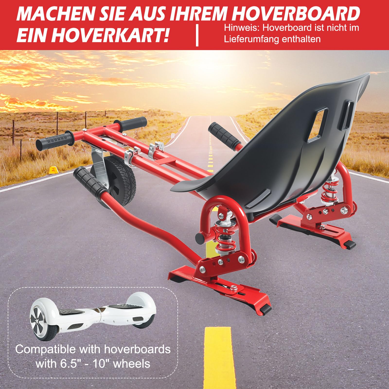 Hoverkart siedzisko Hoverkart do uniwersalnej hulajnogi z innowacyjnym zawieszeniem, amortyzatory wypełnione powietrzem opony przednie, Hovercart regulowany uchwyt