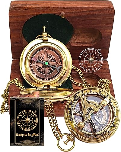 Hanzla Collection Reloj de sol hecho a mano con botón de dirección con cadena y madera, caja de latón brújula de bolsillo, reloj de sol, regalo de