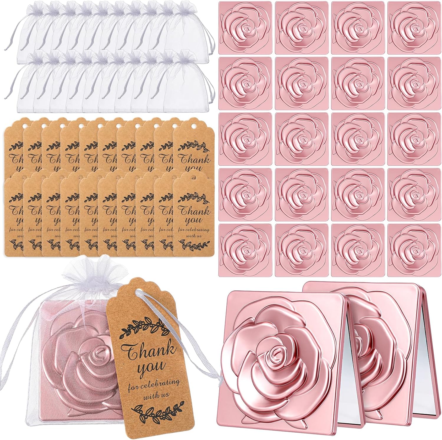 MAQUITA 20 Sets Christmas Rose Compact Mirror Gifts Bulk Pocket Mirror with Thank You Tags and Organza Bag for Women Holiday Wedding Bridal Shower Quinceanera Party Favors Souvenir Gifts, Rose Gold