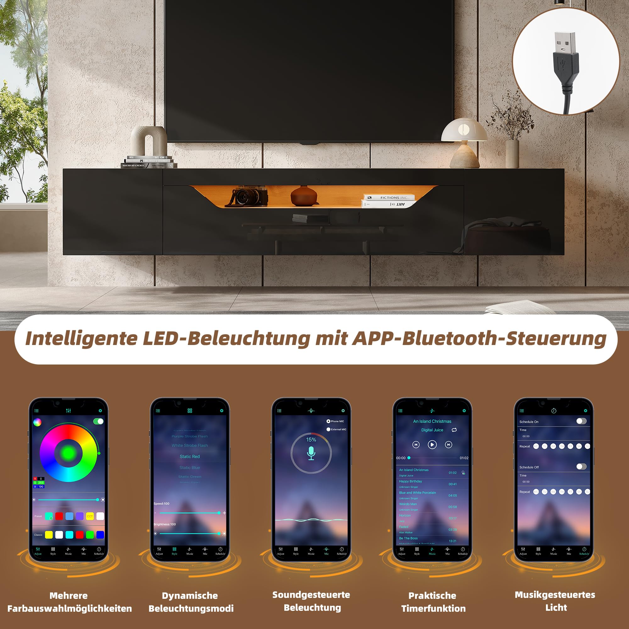 TV-Schrank 180 cm hängend mit LED für 75 Zoll, Schwarz-Holzoptik