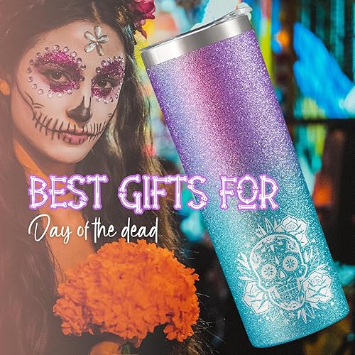 Miniatura 5 de Onebttl Regalos de calavera de azúcar para mujer, Día de los Muertos, vaso de viaje delgado de 20 onzas con tapa, cepillo y pajilla, regalos