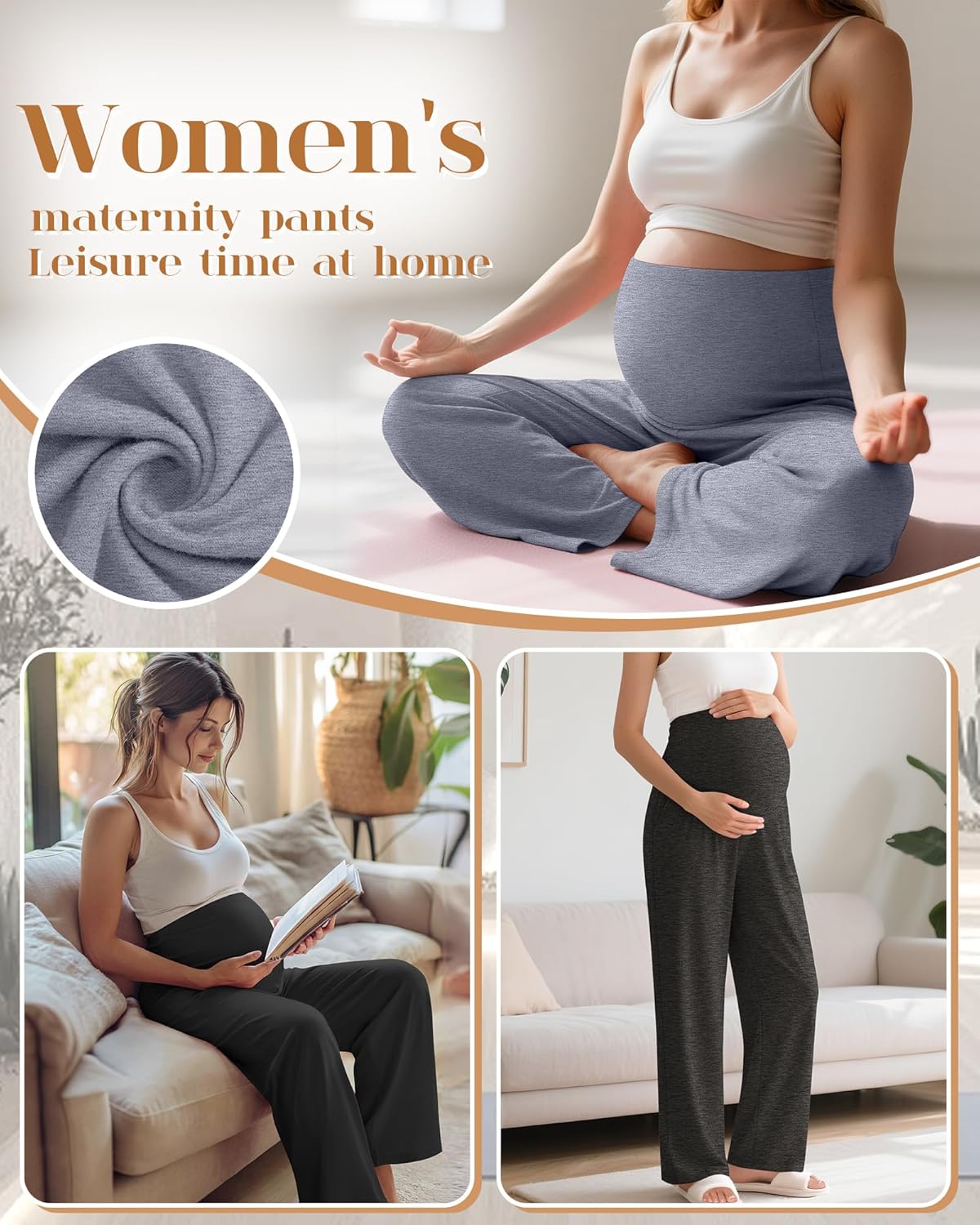 3 Pack Women's Maternity Pants Loose Wide Leg Pregnancy Sweatpants Over the Belly Lounge Pants Pajama with Pockets(Black, Cold Gray, Black Gray,Small)