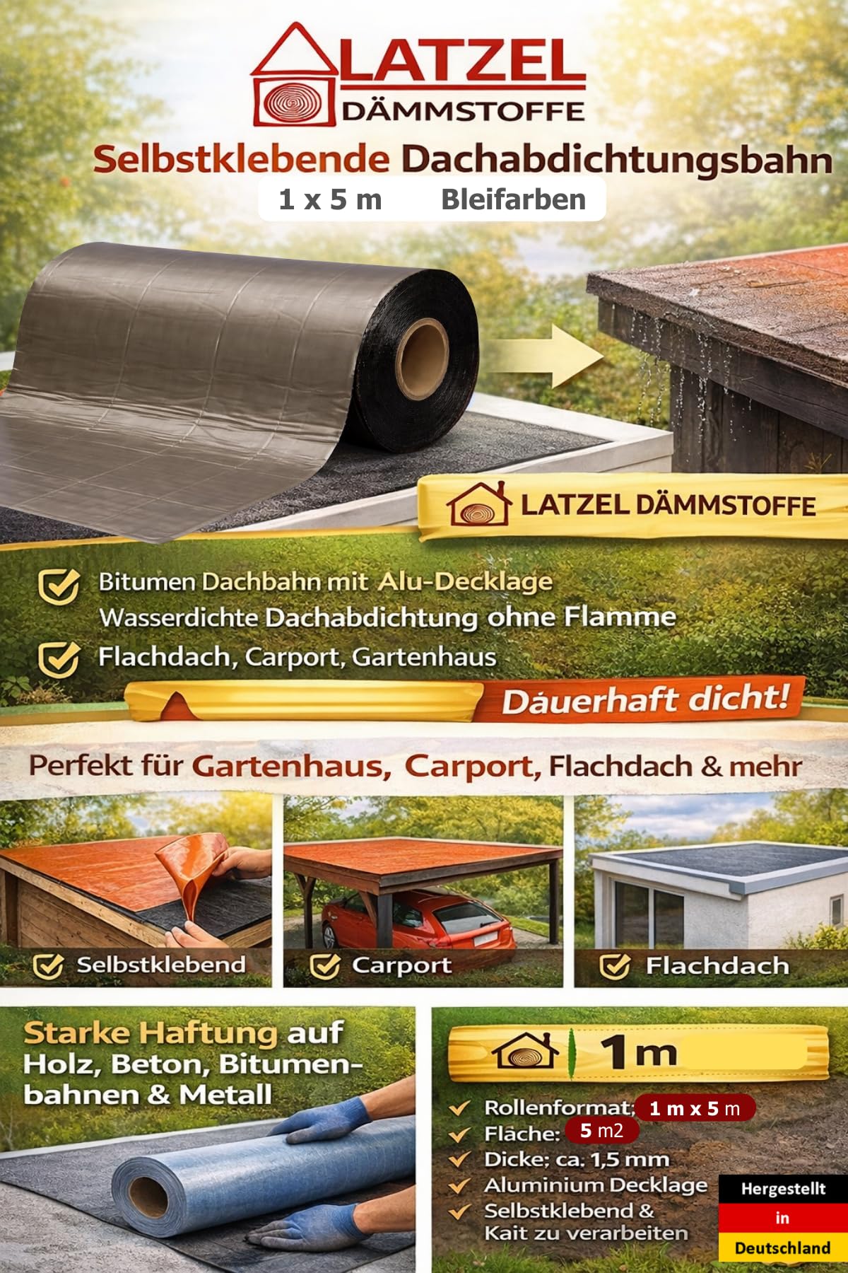 Bande d'étanchéité de toit autocollante 1 x 5 m - Couleur plomb - Bande de toit en bitume avec couche en aluminium - Étanche sans flamme - Pour abri de voiture, abri de jardin et toit plat - Rouleau