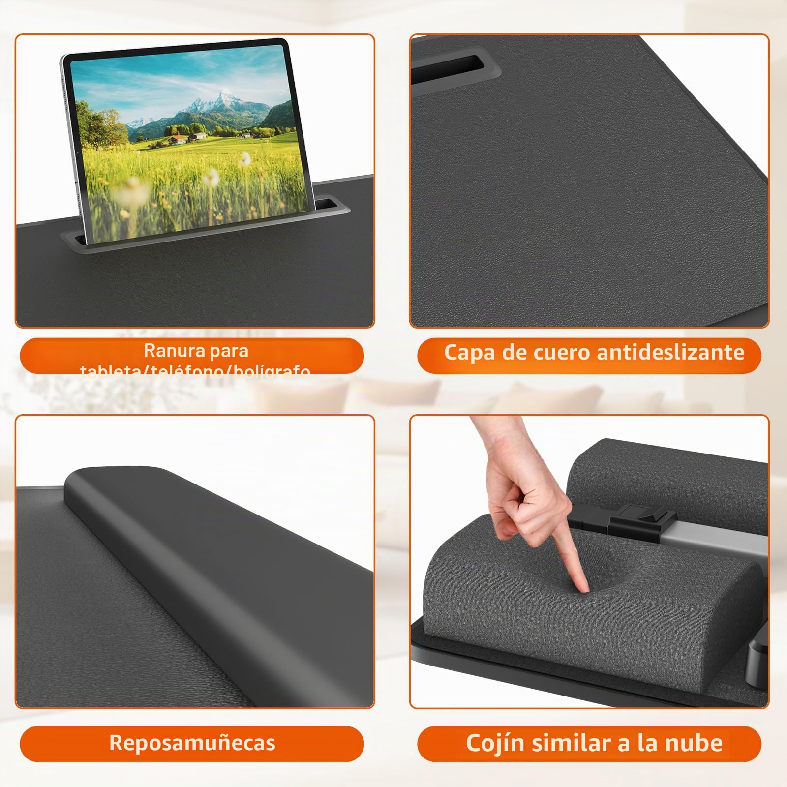 PUTORSEN Mesa para ordenador portátil - Altura y ángulo ajustables, cojín 2 en 1, para cama, sofá, suelo, 58 x 37 cm, negro