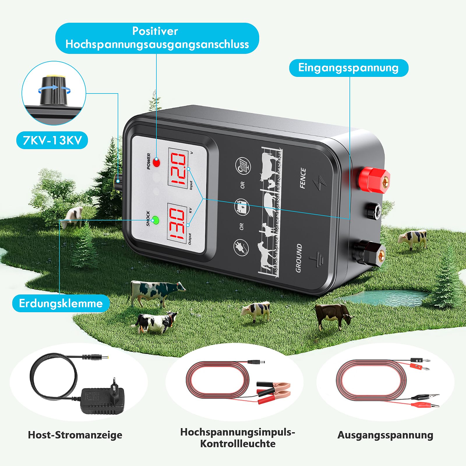 15KM Elektrozaun für Vieh und Tiere, Elektrozaungerät mit einstellbarer Spannung (7-13 kV) 2,0 J Hochleistung, Vollschutz für Pferde, Schafe, Hunde, Weiden, Bauernhof und Garten (Schwarz)