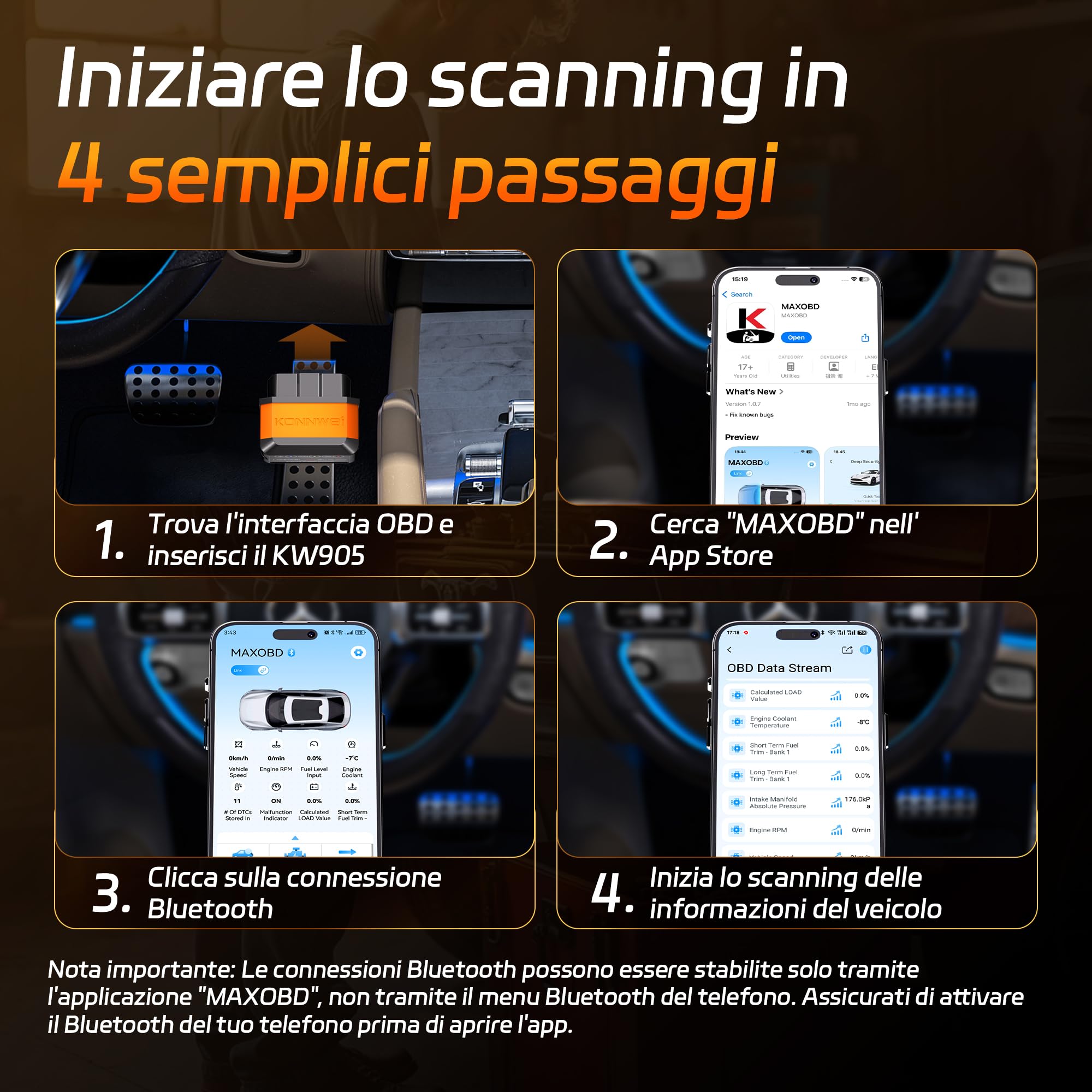 KONNWEI OBD2 - Dispositivo diagnostico Bluetooth, scanner wireless per auto, lettore di codici diagnostici con interruttore di alimentazione - Strumenti diagnostici OBD-II per iOS, Android e Windows