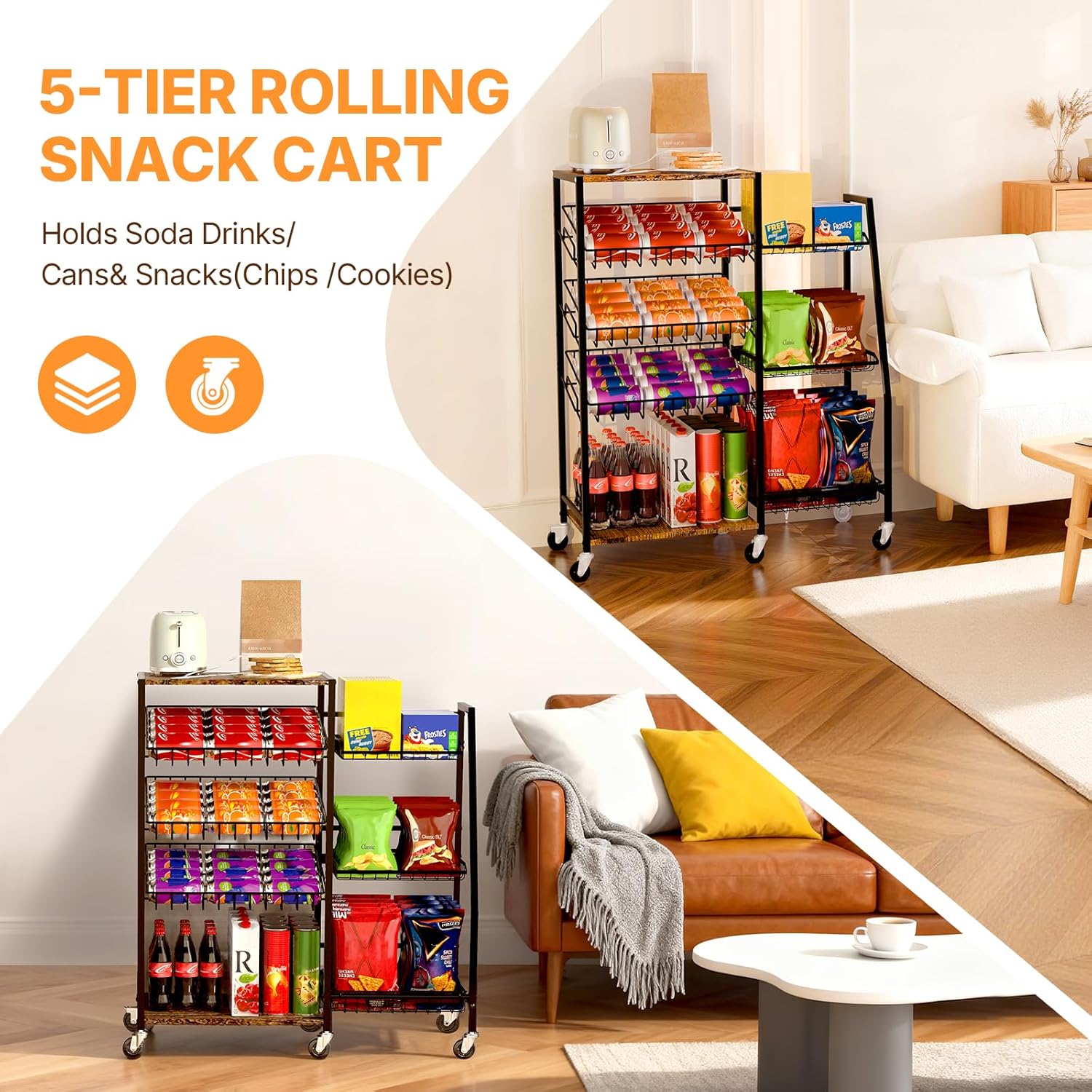 Pinzoveco 5-Tier Rolling Kitchen Storage Carts, Snack Cart with Wheels, Fruit Organizer（Fruit Basket Rolling Cart, Vegetable Holder for Kitchen, Holds Soda Drinks, Cans, Snacks, Onions, Potatoes