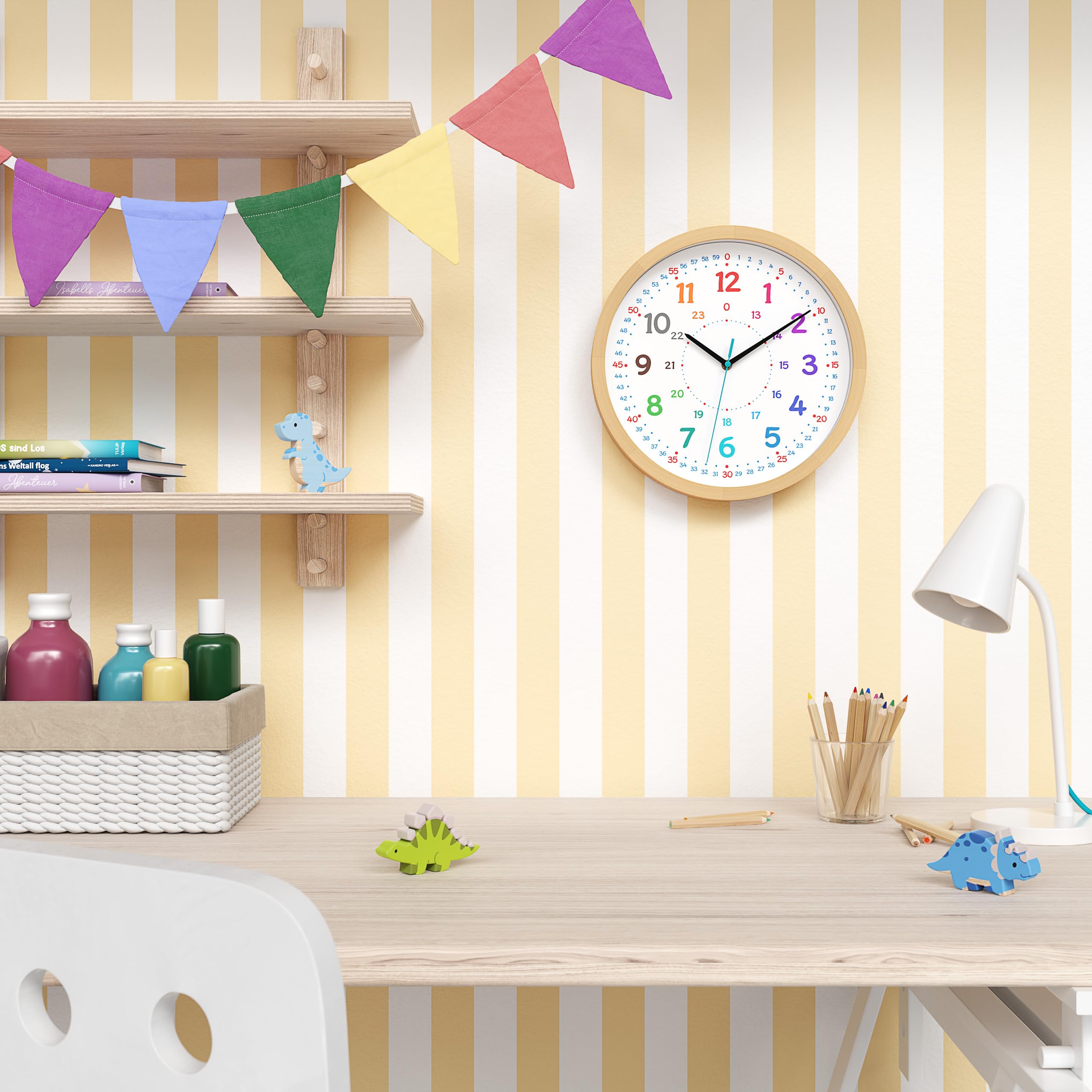 Cander Berlin MNU 11230 Wanduhr Kinder Holz 30,5 cm Lernen Lernzifferblatt Holzuhr lautlos geräuschlos leise Massivholz Holzrahmen Kinderzimmer ohne Tickgeräusche Junge Mädchen