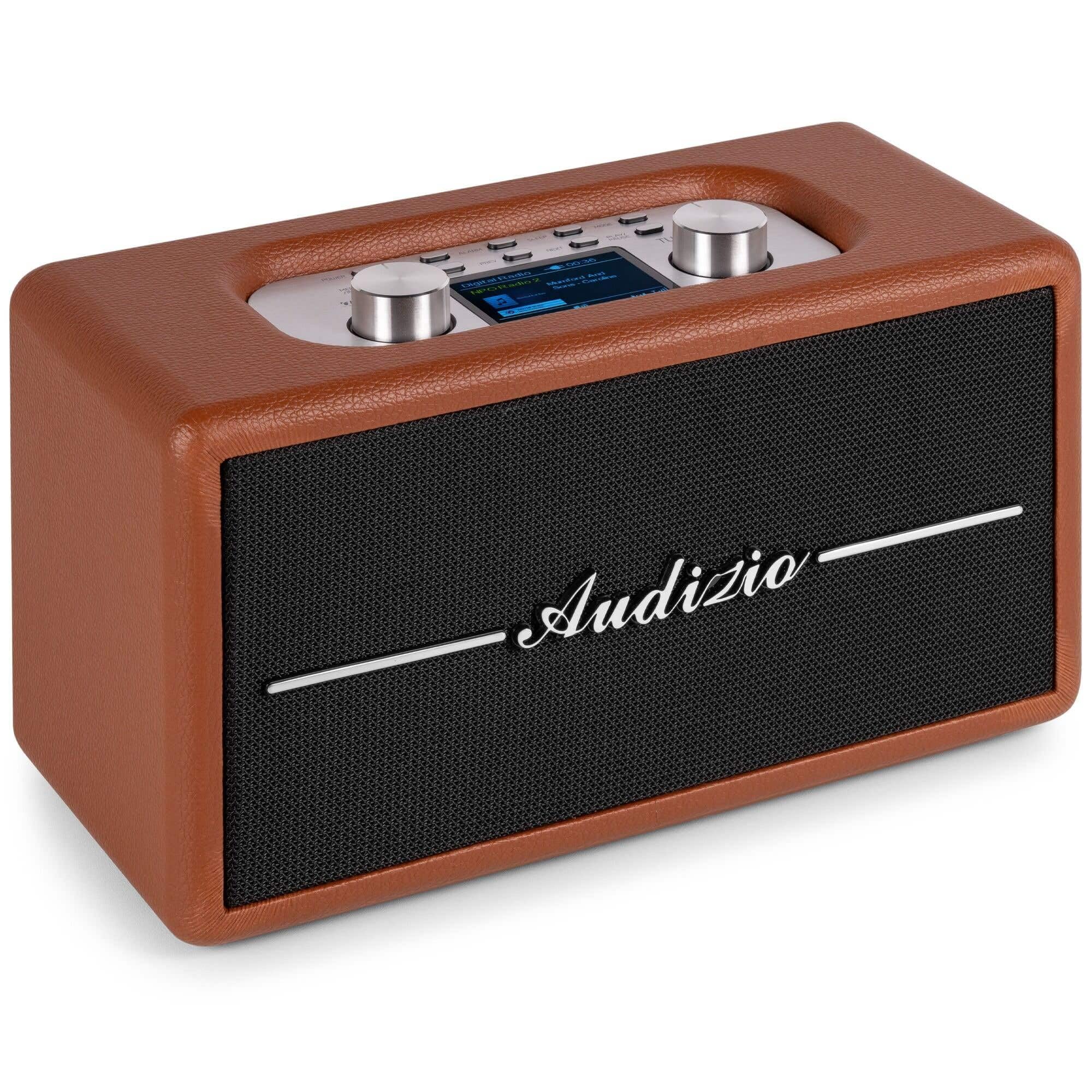 Audizio Tune60 Enceinte Rétro sans Fil 30W Bluetooth, Marron, Radio FM et Dab+, Batterie Optionnelle, Entrée AUX et USB, Fonction Alarme et Minuterie, Design Vintage Élégant