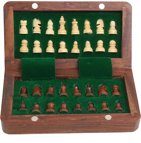 Miniatura 3 de RoyalChessMall-Juego de ajedrez magnético con incrustaciones de madera de palisandro dorado de 5 pulgadas con tablero plegable