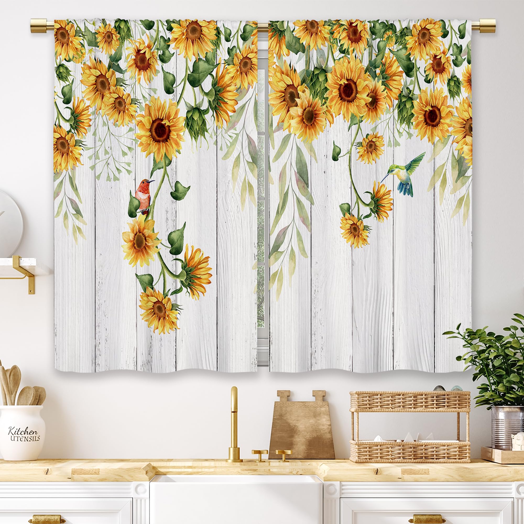 Laifzere Set of 2 Rustic Short Curtains for Window, Kitchen, Bathroom, Motif Wood, Sunflower, 27.5 x 39 inches โ image 1