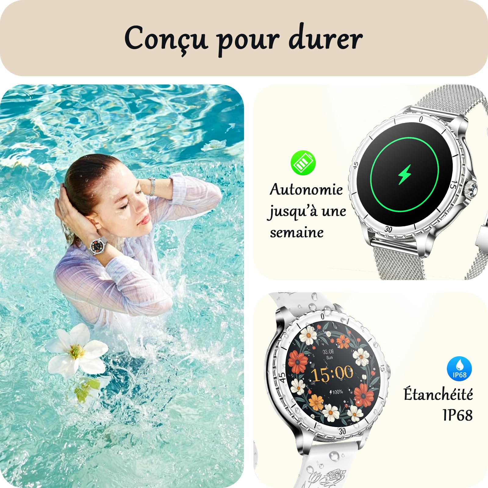 Montre Connectée Femme avec Appel Bluetooth, 1,27" Smartwatch avec Fréquence Cardiaque/SpO2/Sommeil Montre, 120+ Mode Sportifs Montre, IP68 étanche Fitness Podomètre Compatible pour Android iOS