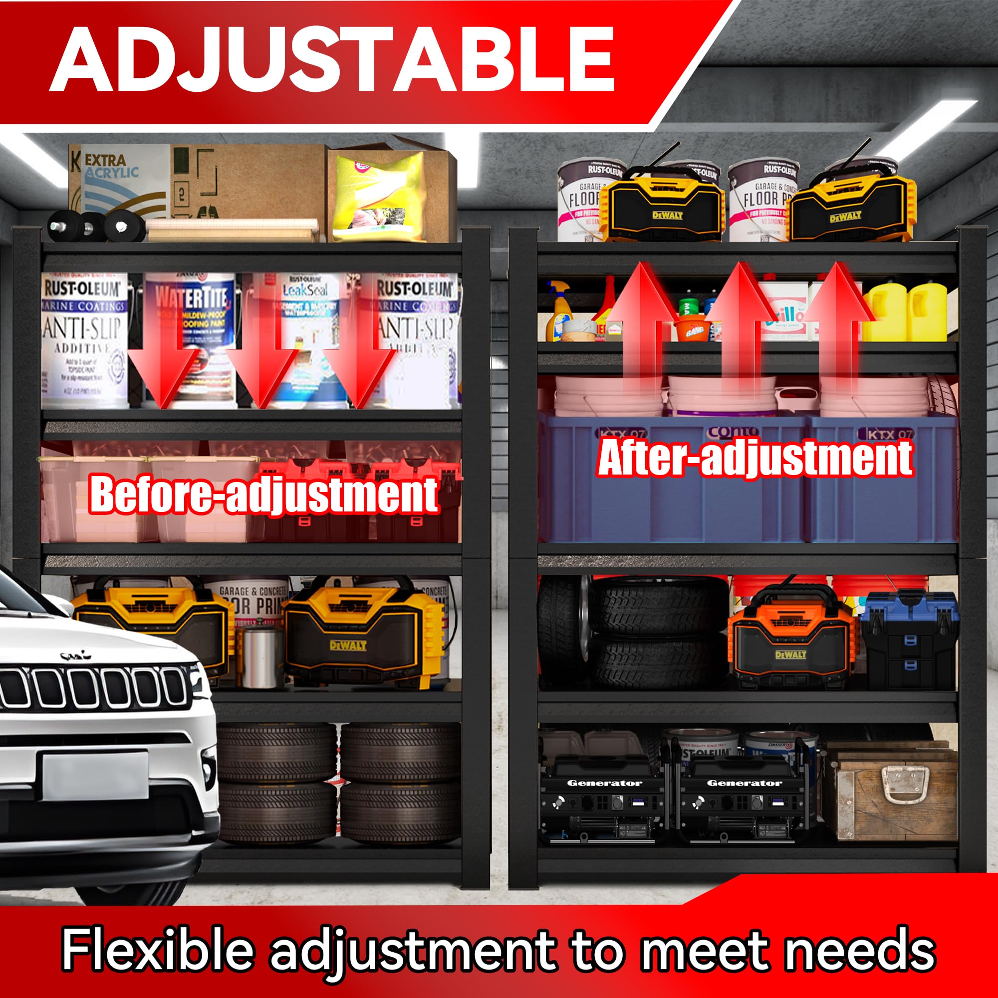 Scaffali per garage, capacità di carico 1360,8 kg, regolabile, in metallo, scaffalatura per garage, cantina, magazzino, 110 cm di larghezza x 60 cm di profondità x 182 cm di altezza, nero