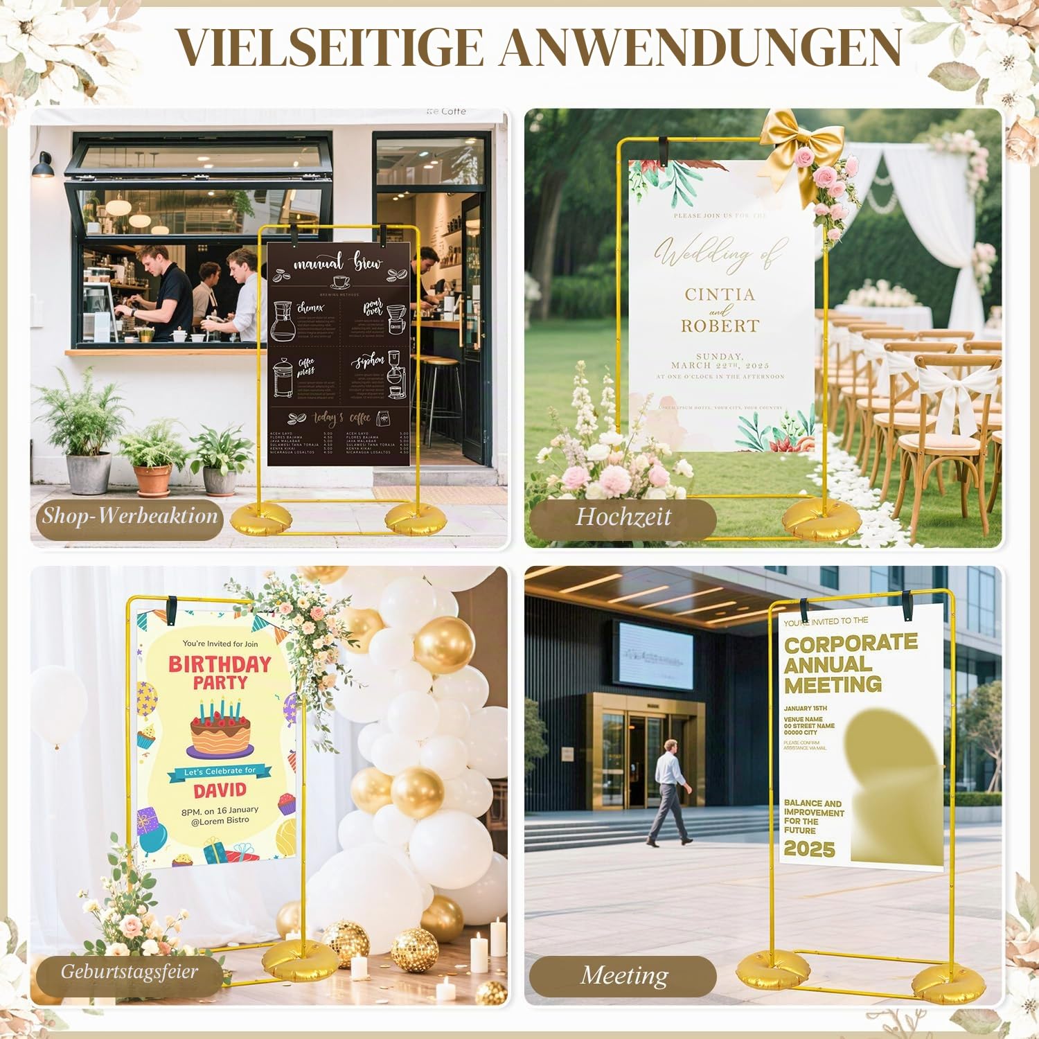 FUHSY Hochzeit Schild Halter Gold Metall verstellbar Willkommen zu unserem Hochzeit Schild Stand 172x81x40cm Easel Sitz Chart Stand für Braut Dusche Empfang Party Poster Display