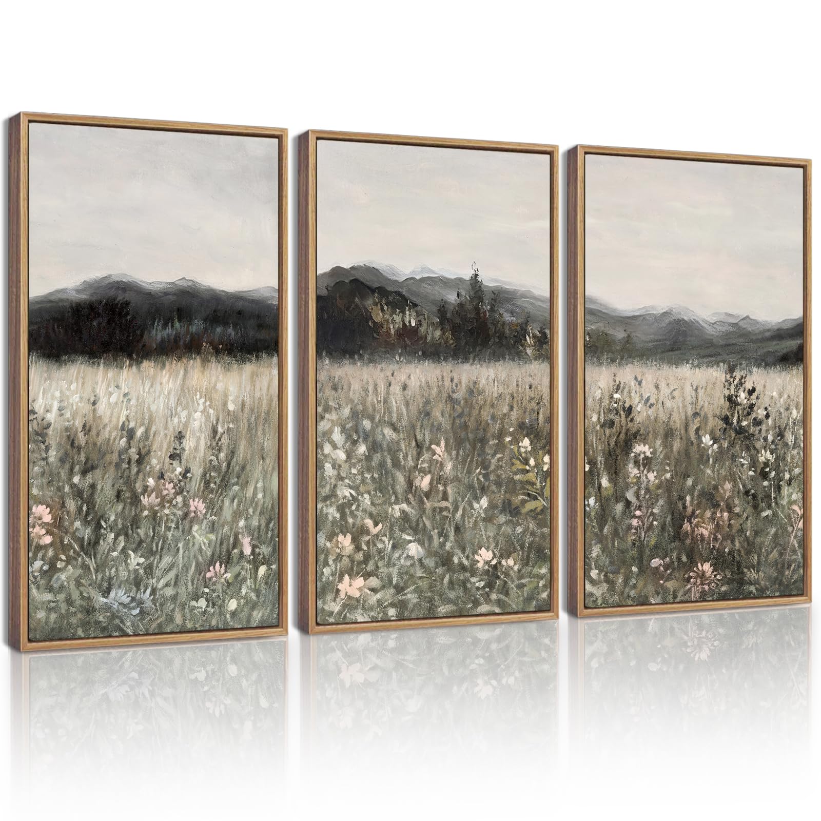 KUVIOKE Vintage Landscape Framed Wall Art 16x 24in Large Prairie in Full Bloom Wall Prints Classic Retro Farmhouse Decorations for Living Room Bedroom (Natural Framed)