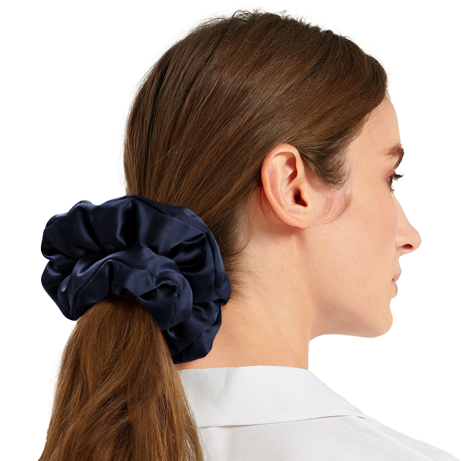 Black Satin Beaute Scrunchie Navy Logo Hair Tie | NEW Hair Bow Scrunchie in Navy | Contourose Official Online Boutique main image 3