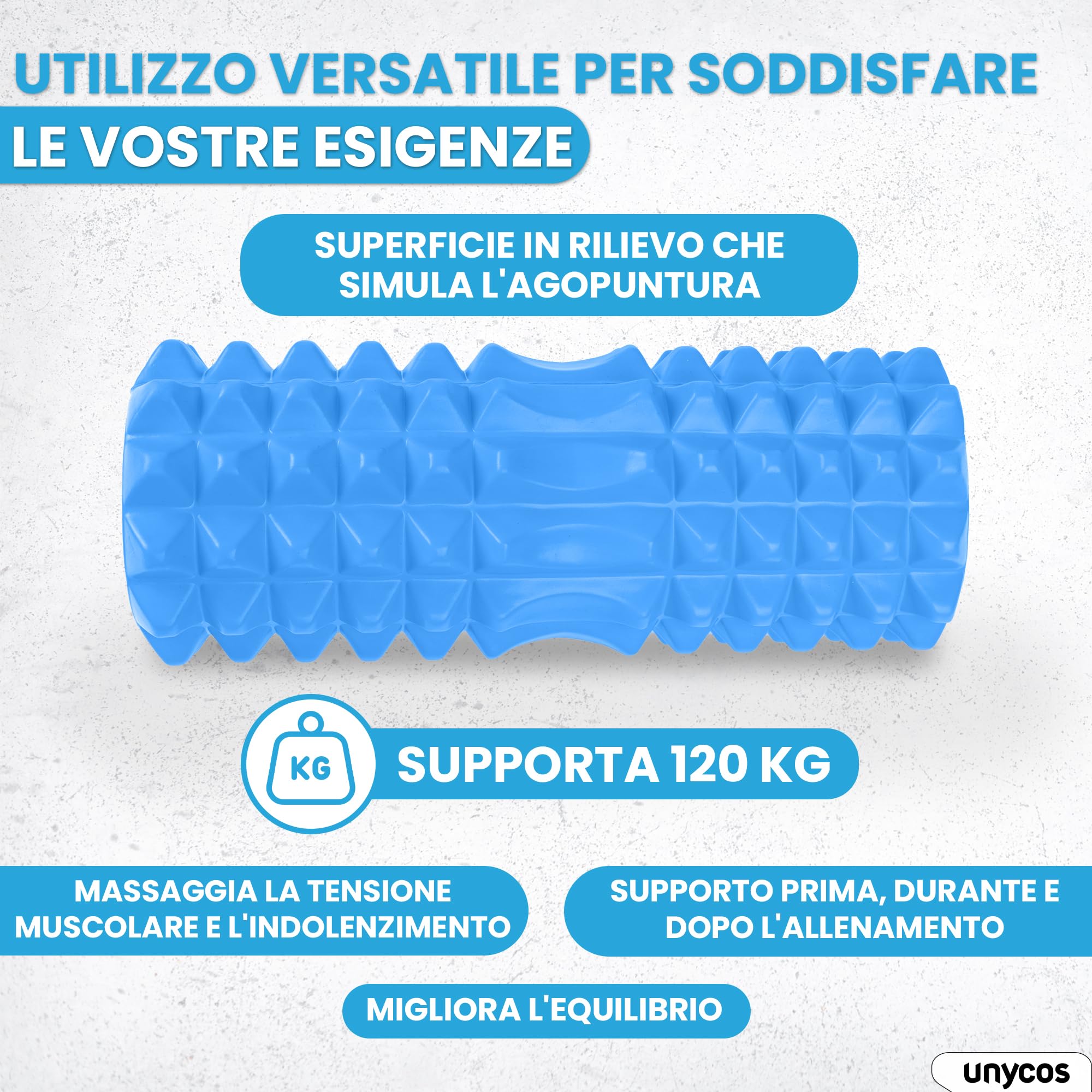 unycos - Foam Roller【PP/EVA】| Kit 5 in 1, Rullo per Massaggio Muscolare che Supporta 120 kg, Fascia di Resistenza Fitness, Palla, Bastone di Riabilitazione, Corda di Forma e Custodia (Blu)