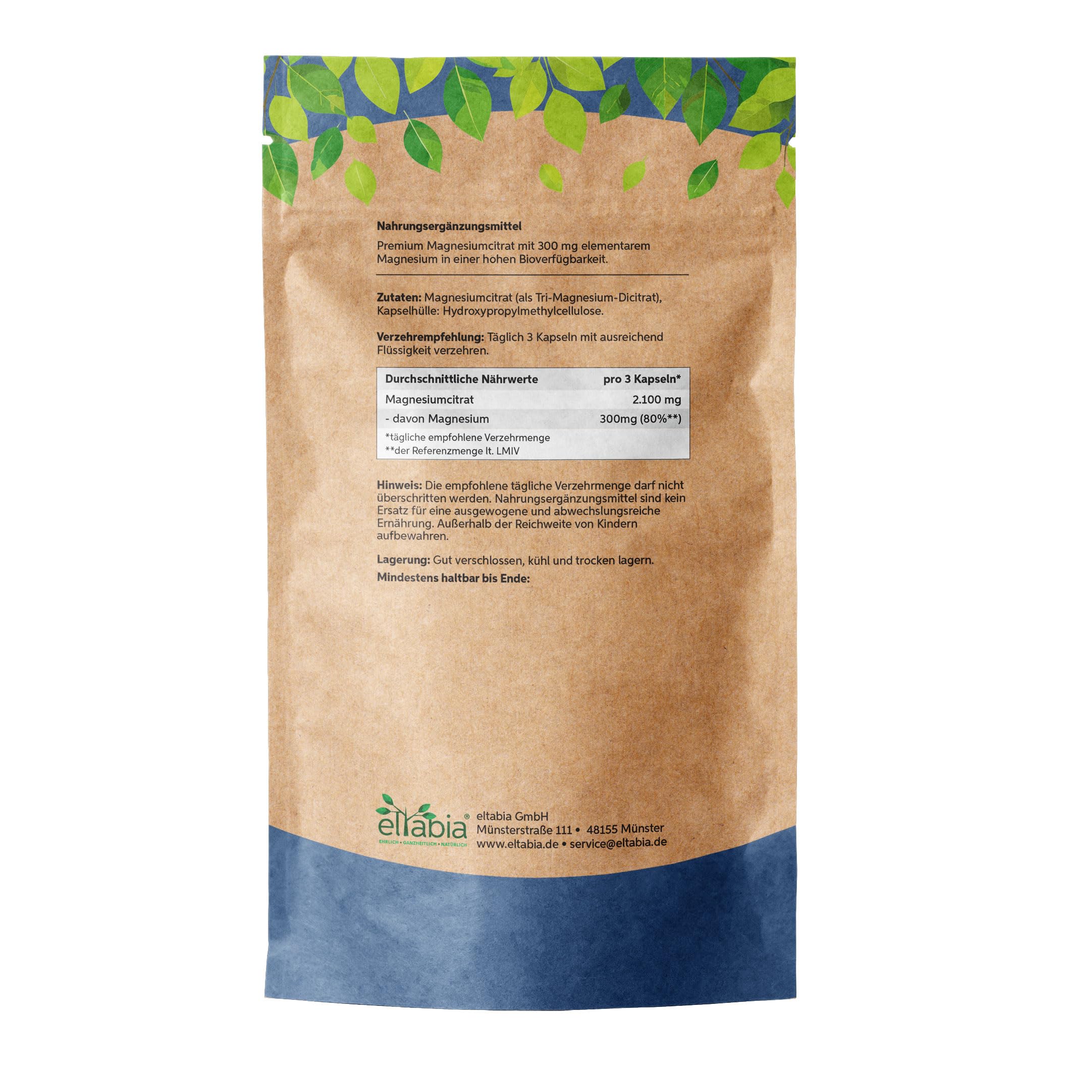 Magnesiumcitrat Kapseln 1000 Stück | Hochdosiert 300mg Tagesdosis elementares Magnesium | Tri-Magnesiumdicitrat